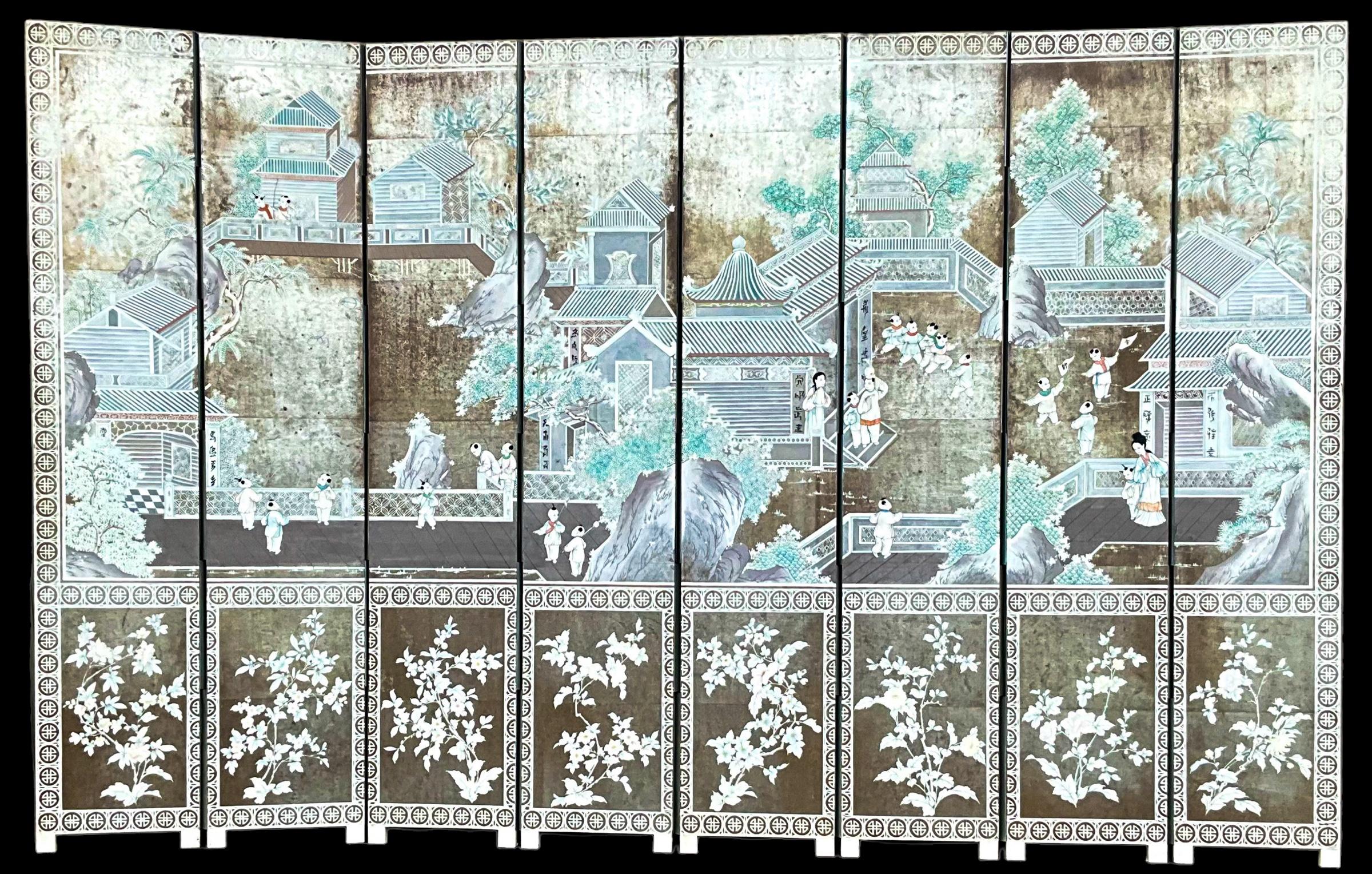 American Regency Gracie Style Hand Painted On Silver Foil Chinoiserie Screen / Divider For Sale