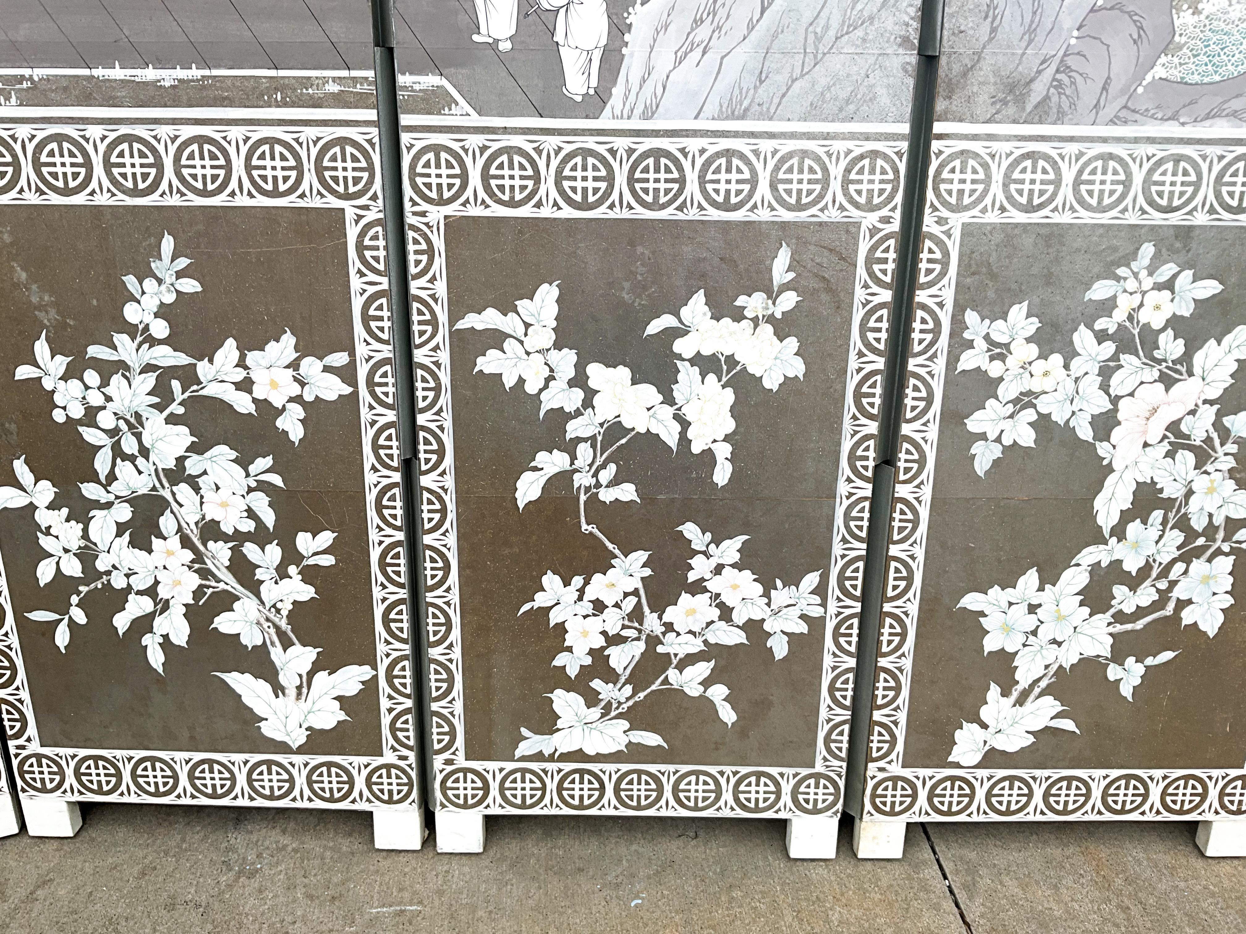 20th Century Regency Gracie Style Hand Painted On Silver Foil Chinoiserie Screen / Divider For Sale