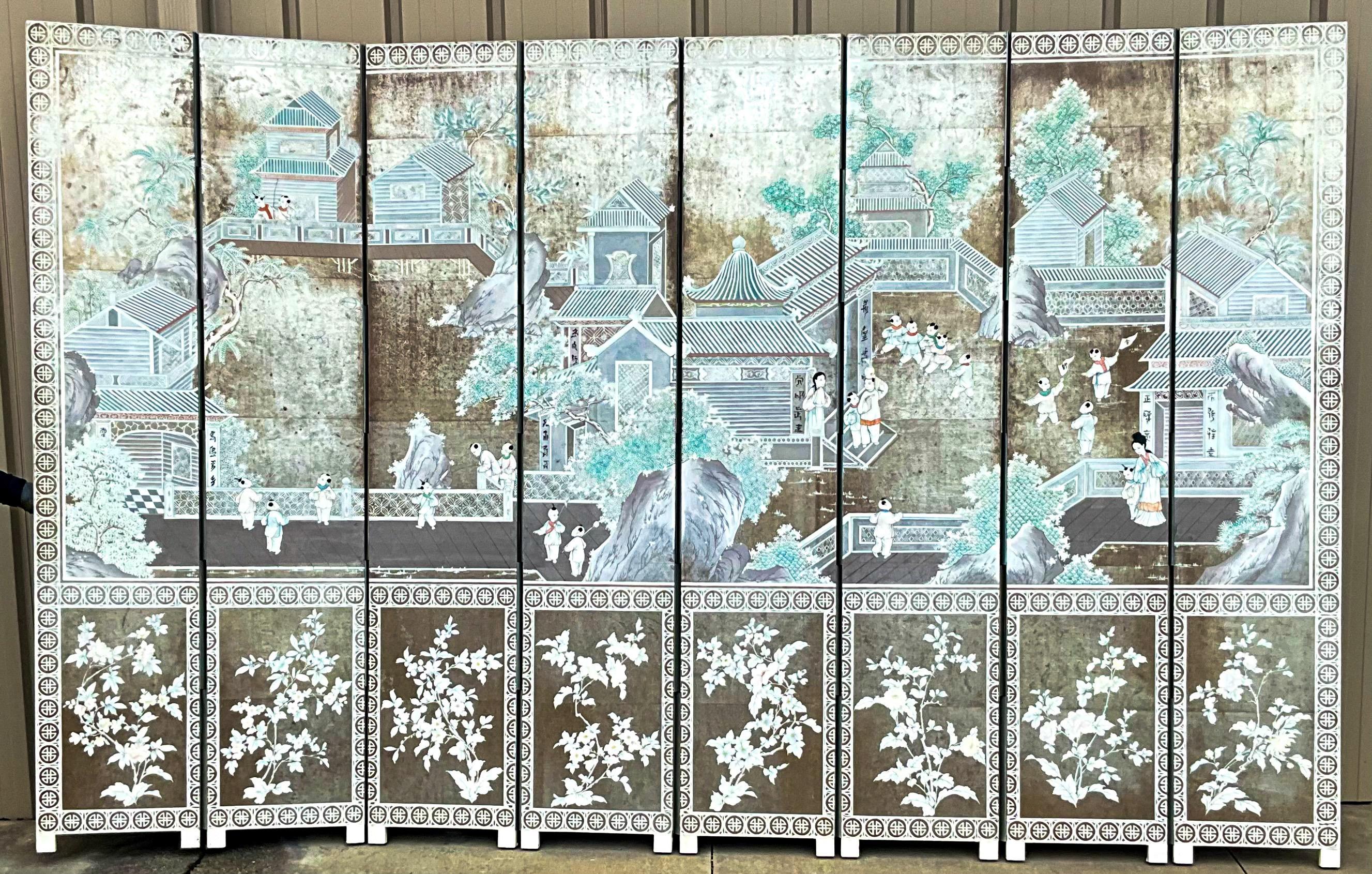 Regency Gracie Style Hand Painted On Silver Foil Chinoiserie Screen / Divider For Sale 1