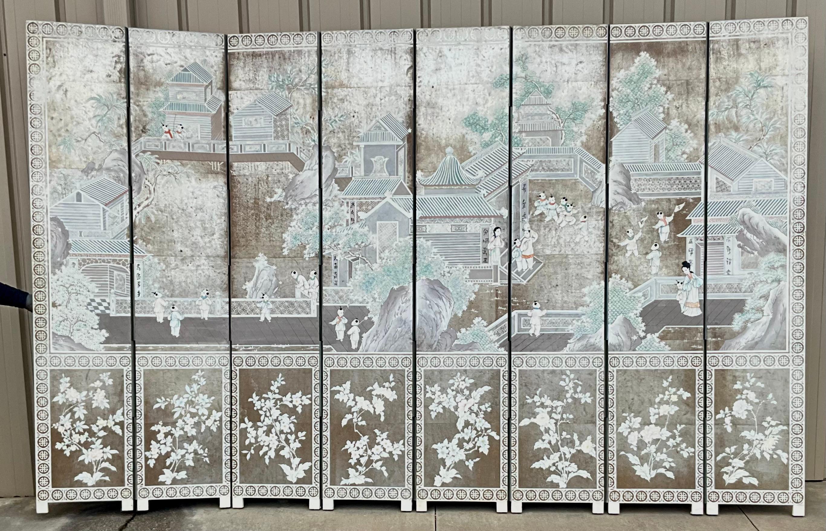 Regency Gracie Style Hand Painted On Silver Foil Chinoiserie Screen / Divider For Sale 3