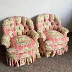 Regency Green and Red Tufted and Skirted Arm Chairs - a Pair