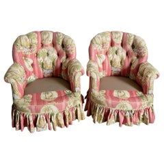 Regency Green and Red Tufted and Skirted Arm Chairs - a Pair