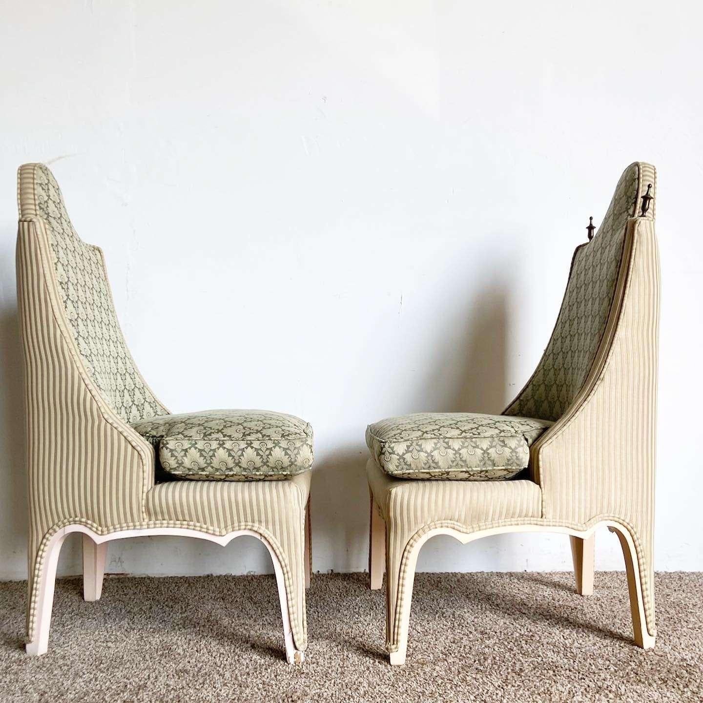 Regency Green and Tan Accent Chairs - a Pair In Good Condition For Sale In Delray Beach, FL
