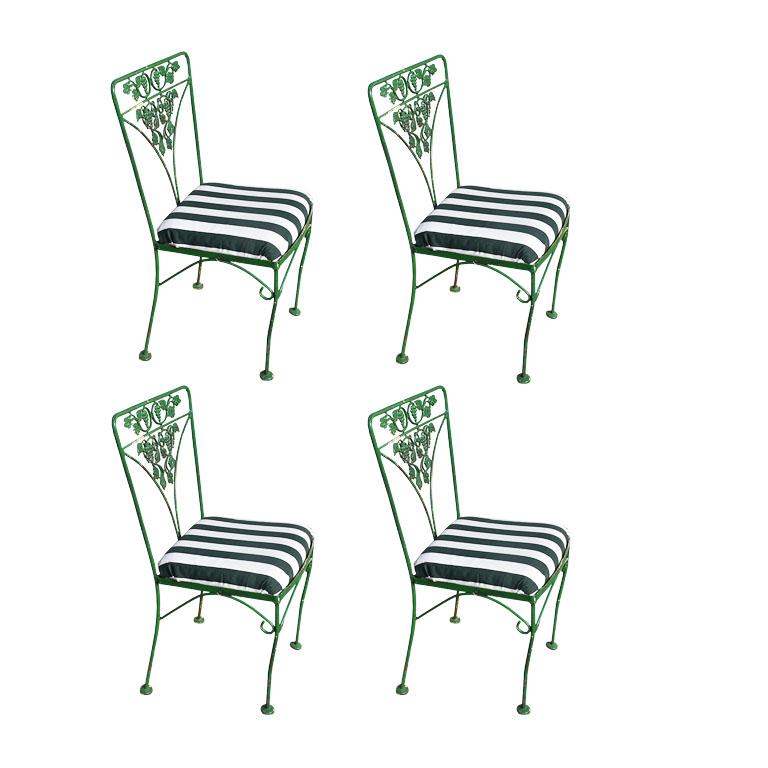 Art Deco Regency Green and White Stripe Metal Fruit Motif Patio Chairs - Set of 4