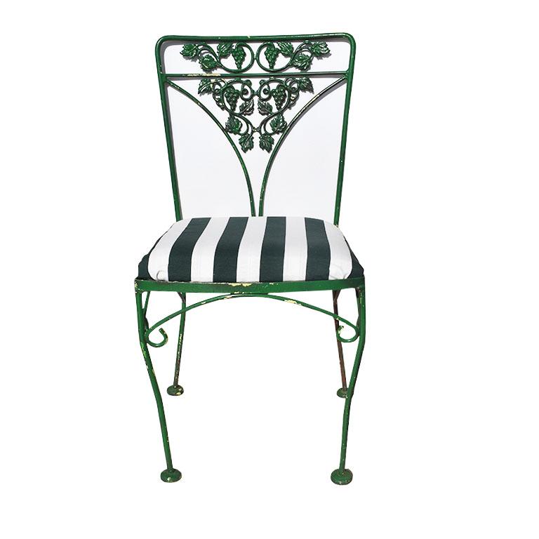 20th Century Regency Green and White Stripe Metal Fruit Motif Patio Chairs - Set of 4