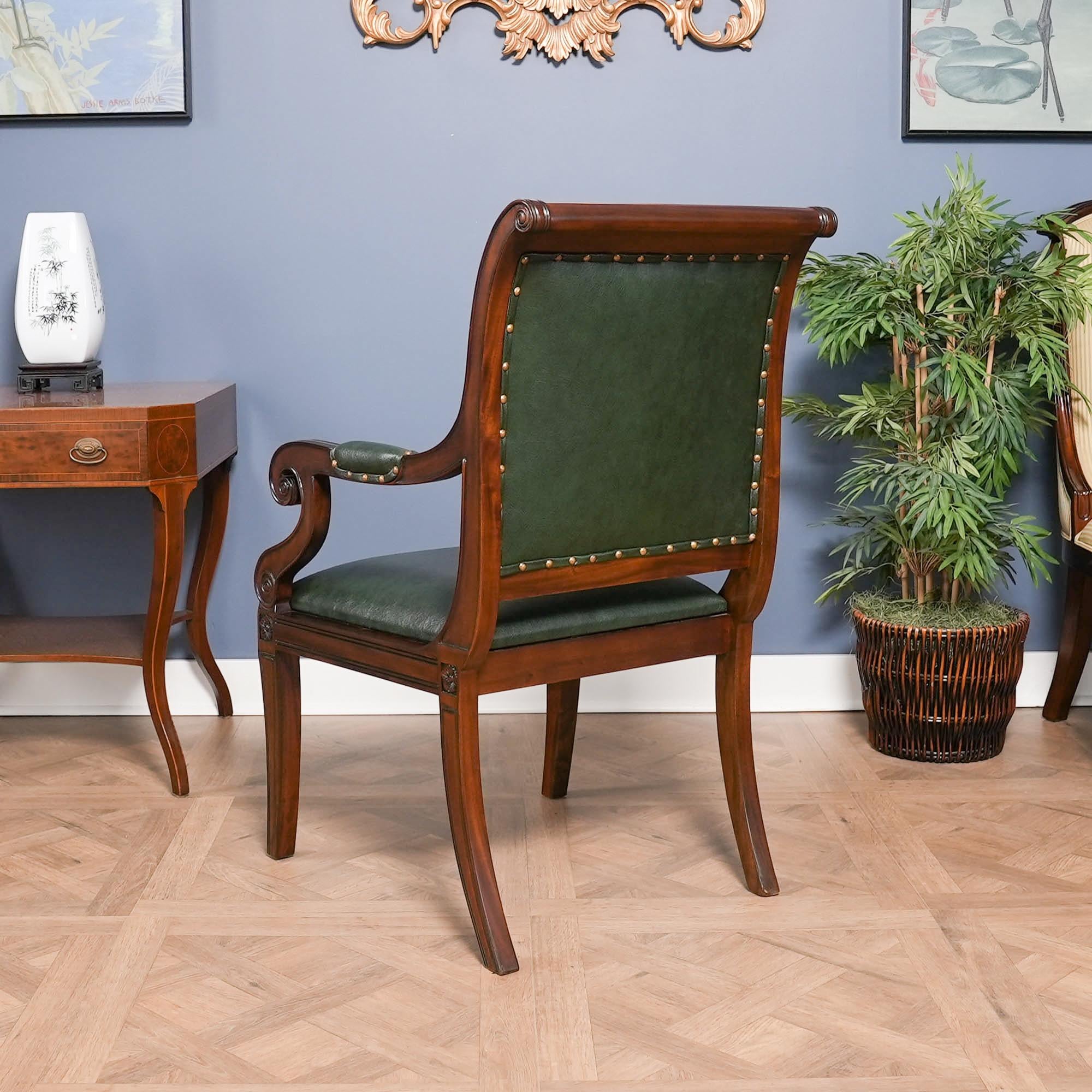 Hand-Carved Regency Green Leather Arm Chair For Sale
