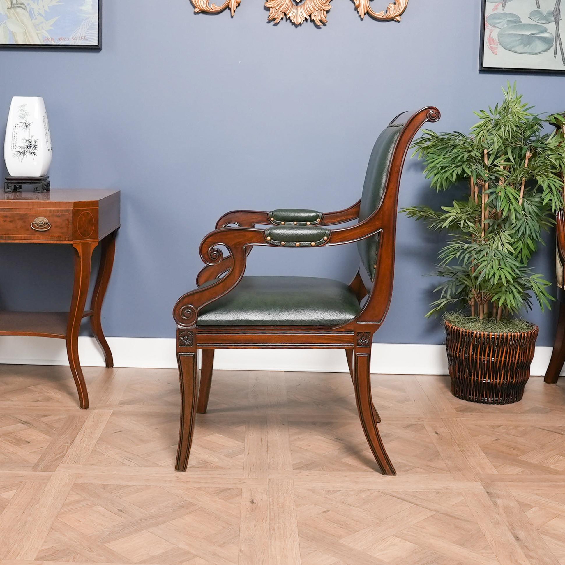 Regency Green Leather Arm Chair In New Condition For Sale In Annville, PA