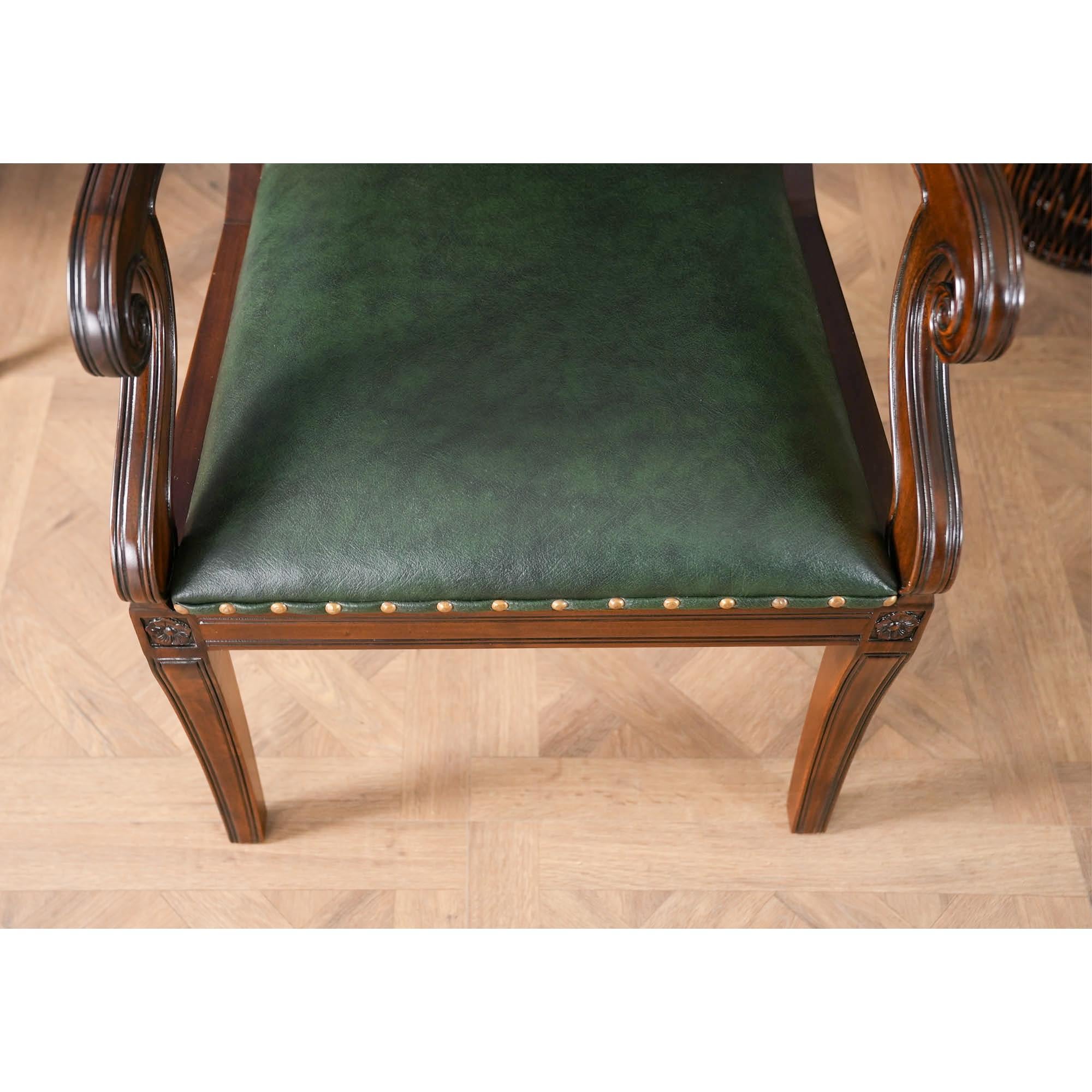 Regency Green Leather Arm Chair For Sale 1