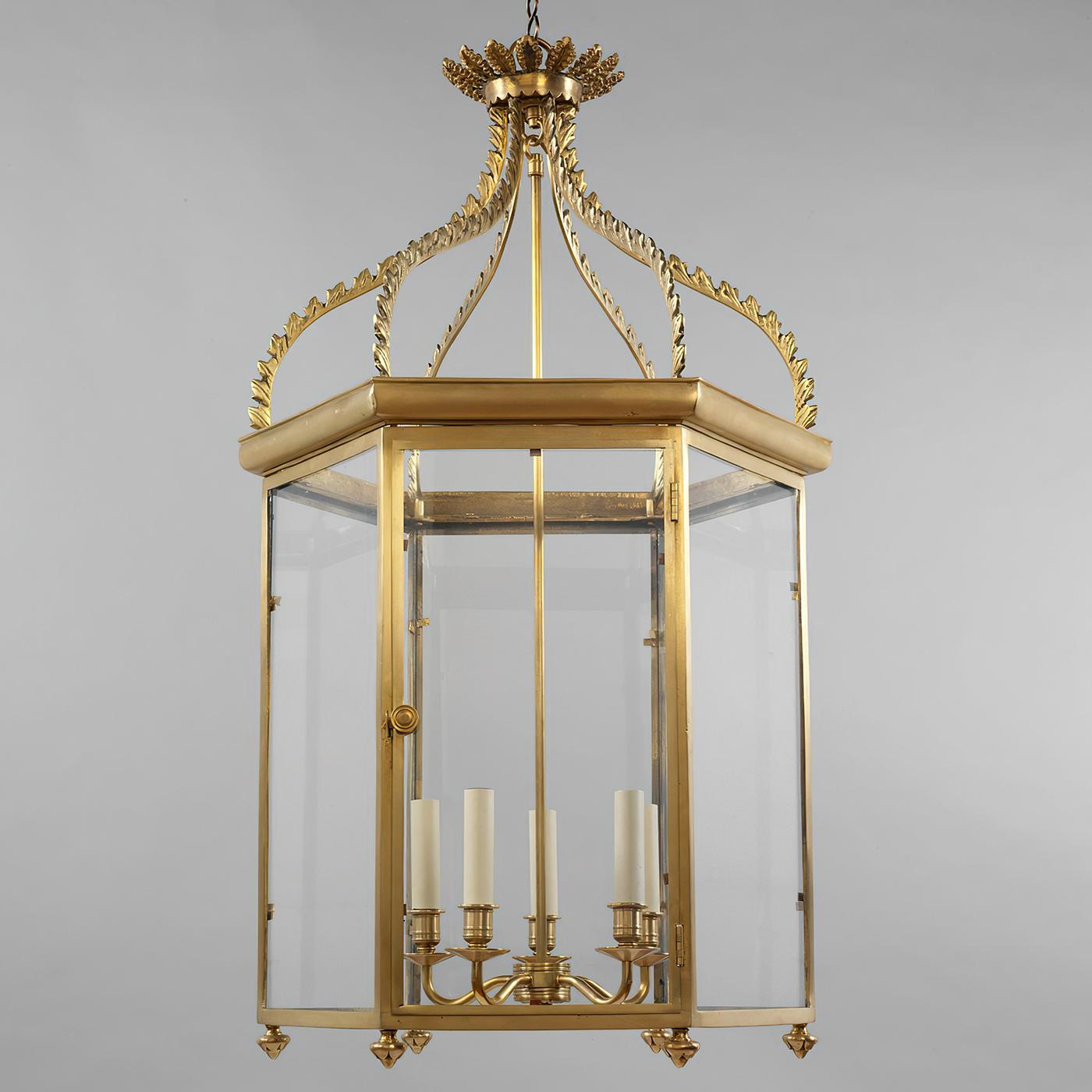Regency hall lantern. This classic lantern is based on a 19th-century six-sided original. Superbly cast, it demonstrates a range of techniques, from the finely crafted frame to the ornately decorative upper section, finished with feathered detailing