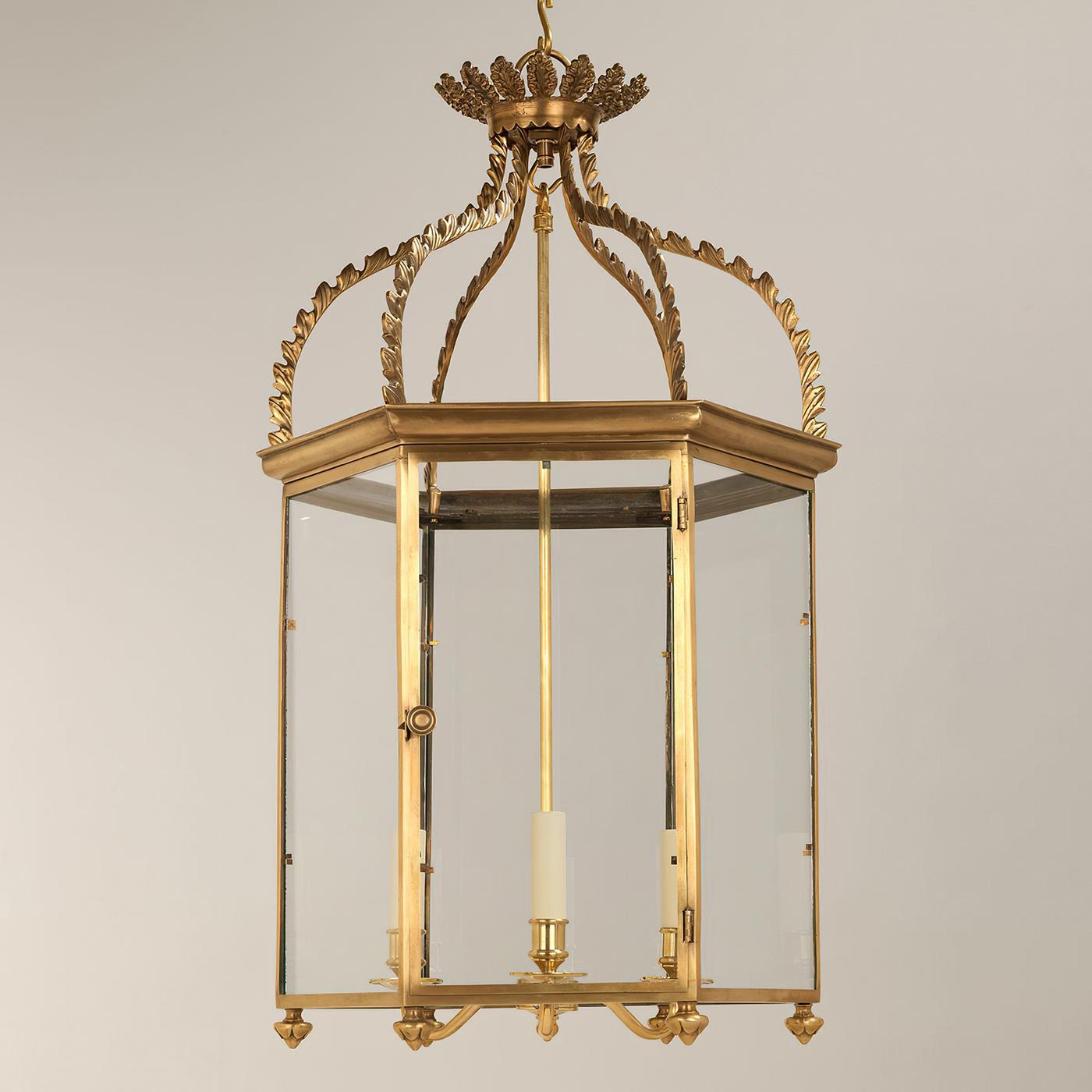 Regency hall lantern. This classic lantern is based on a 19th-century six-sided original. Superbly cast, it demonstrates a range of techniques, from the finely crafted frame to the ornately decorative upper section, finished with feathered detailing