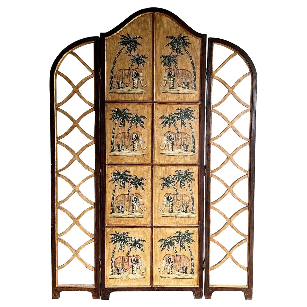 Regency Hand Painted Elephants and Gold Room Divider/Screen