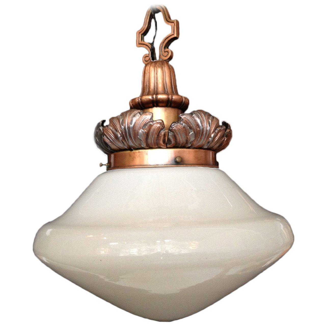 Regency Hanging Copper Pendant with Glass Globe In Excellent Condition In Van Nuys, CA