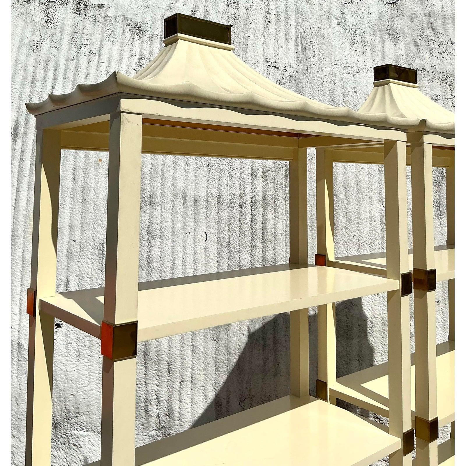 Mid-Century Modern Regency Henredon Lacquered Pagoda Etagere - A Pair