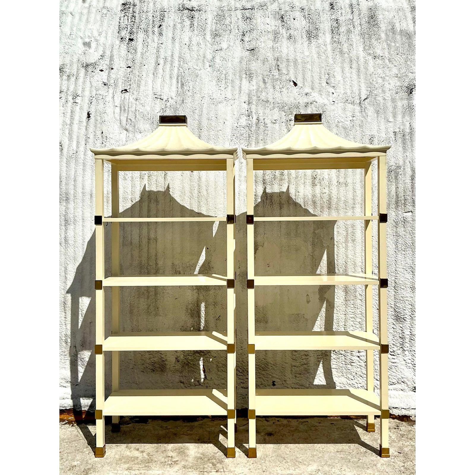 Brass Regency Henredon Lacquered Pagoda Etagere - A Pair