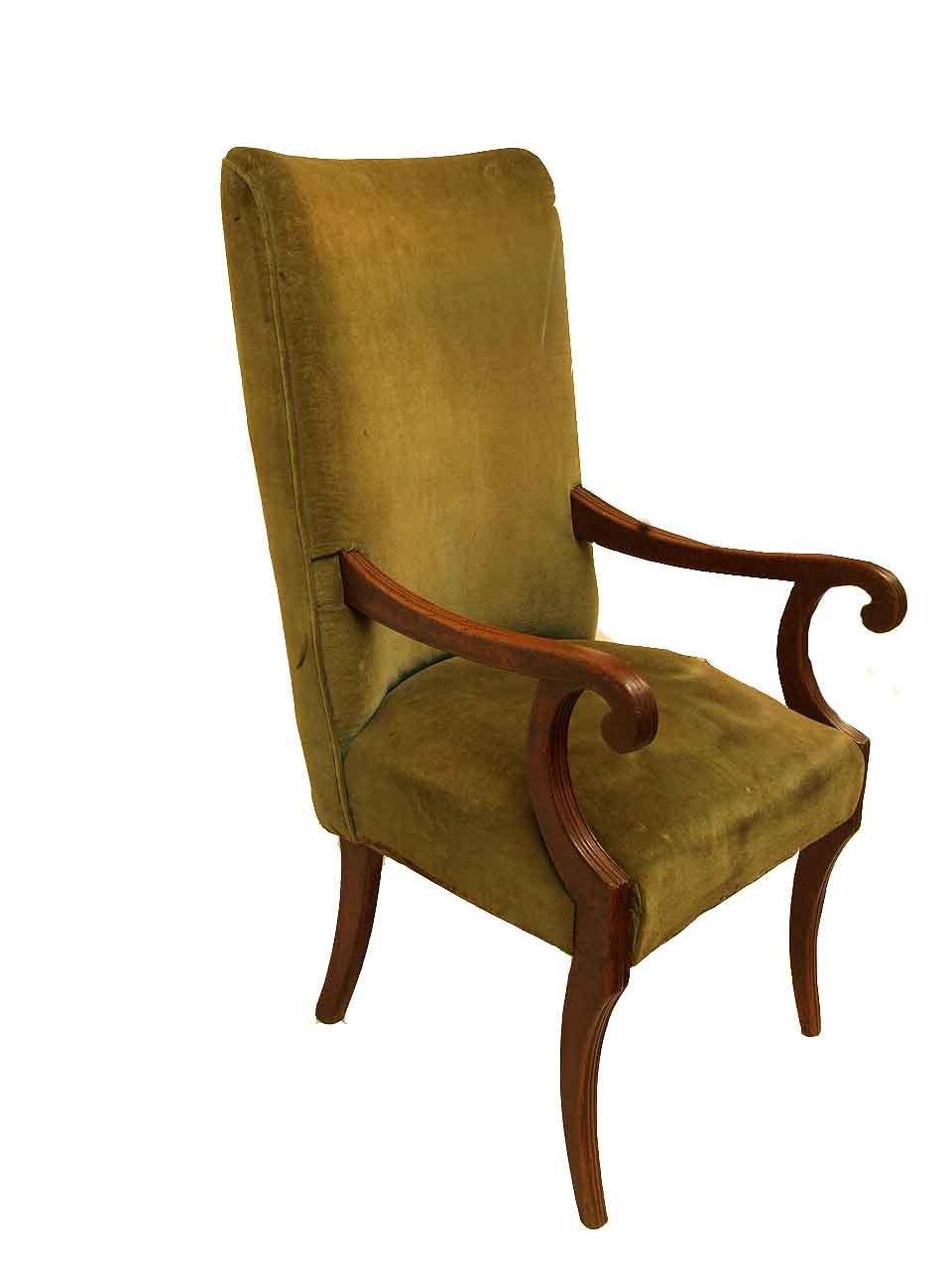 Regency high back armchair, with concave tall back , beautifully shaped and scrolled arms with reeded top edge(notice the natural wear to the reeding where arms and hands have rested over the years); the two arms are supported by the nicely shaped