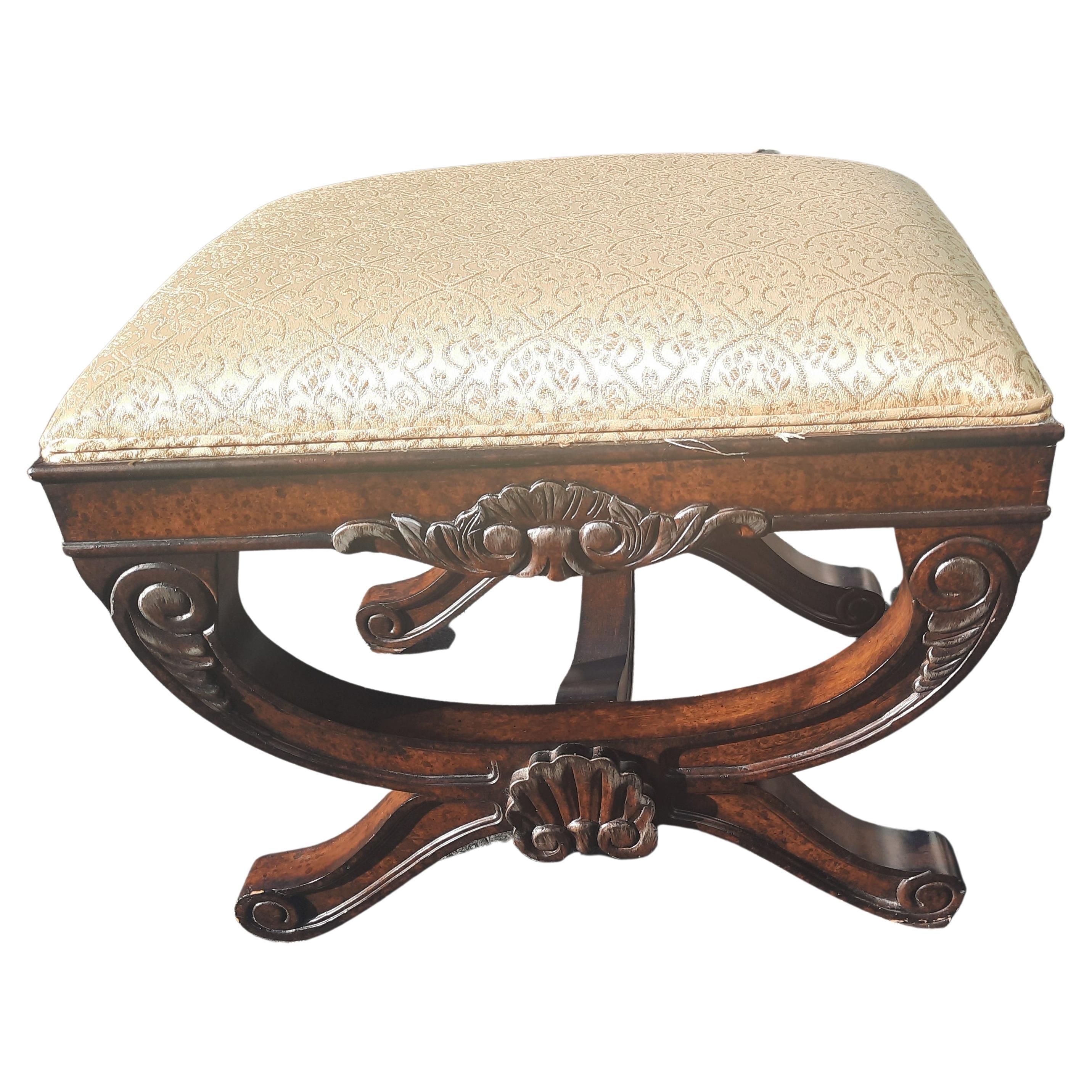 Regency Hollywood Walnut Carved Upholstered Stool Bench