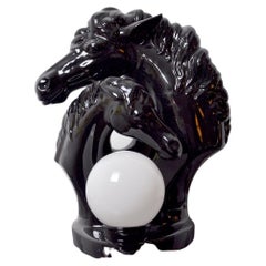 Regency "Horses" Lamp in Black Ceramic, France, 1980