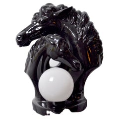 Retro Regency "Horses" Lamp in Black Ceramic, France, 1980