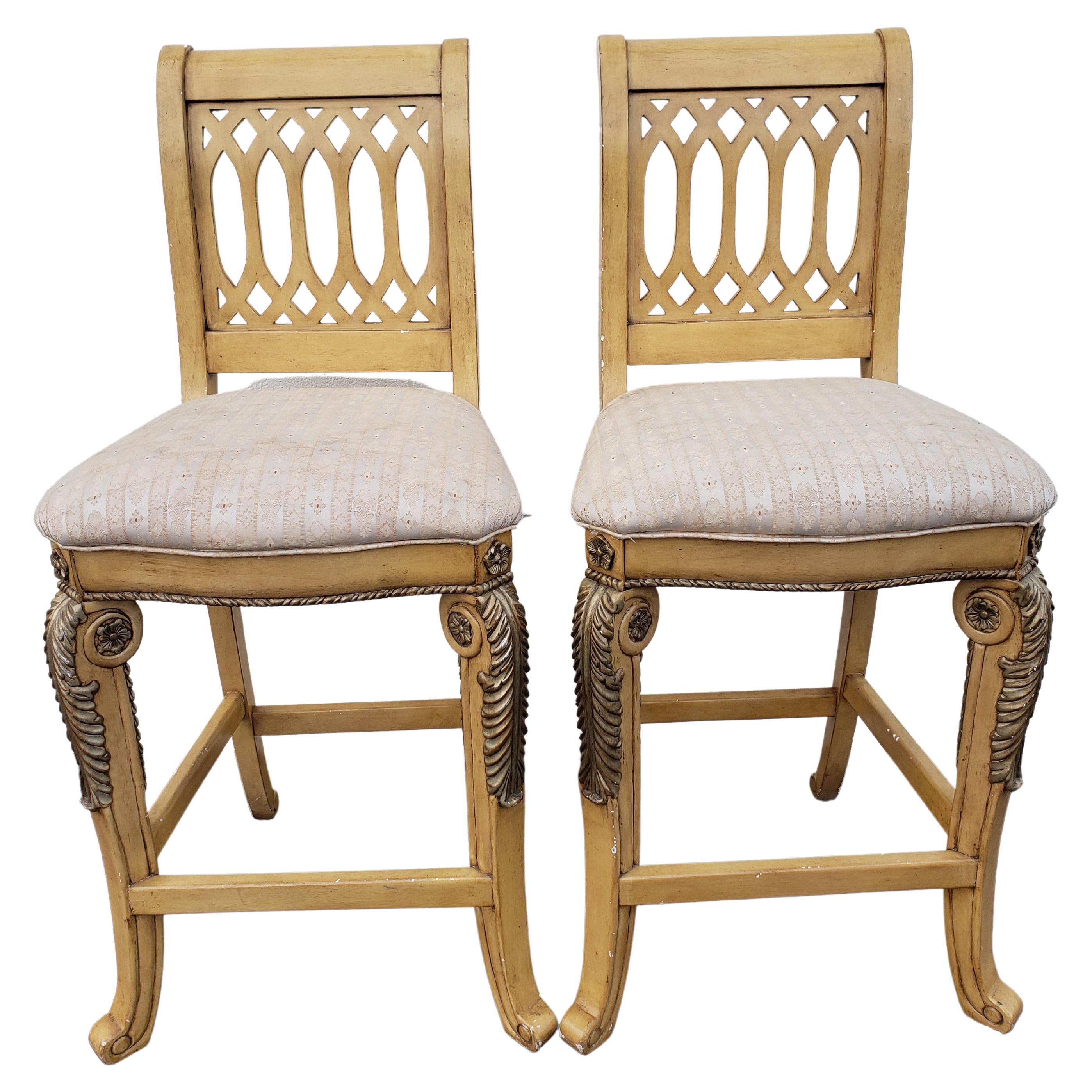 Very unique bistro set from North Carolina by Regency House Inc. Furniture. Entire set made off of Solid maple wood with intricate carvings. Bistro table, coupled as wine holder, hold 7 big bottles and 9 small bottles. Table also Features felt lined