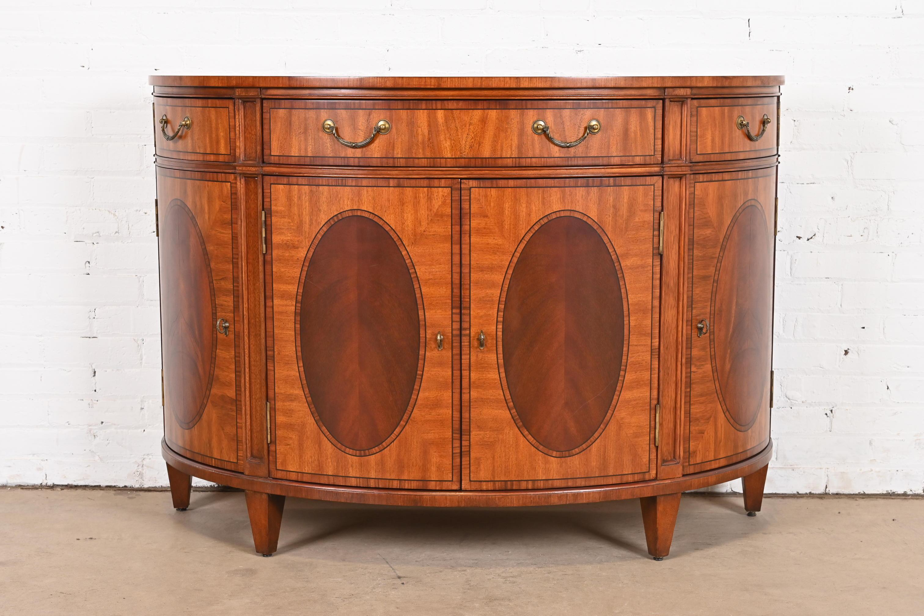 American Regency Inlaid Mahogany Demilune Sideboard or Bar Cabinet For Sale