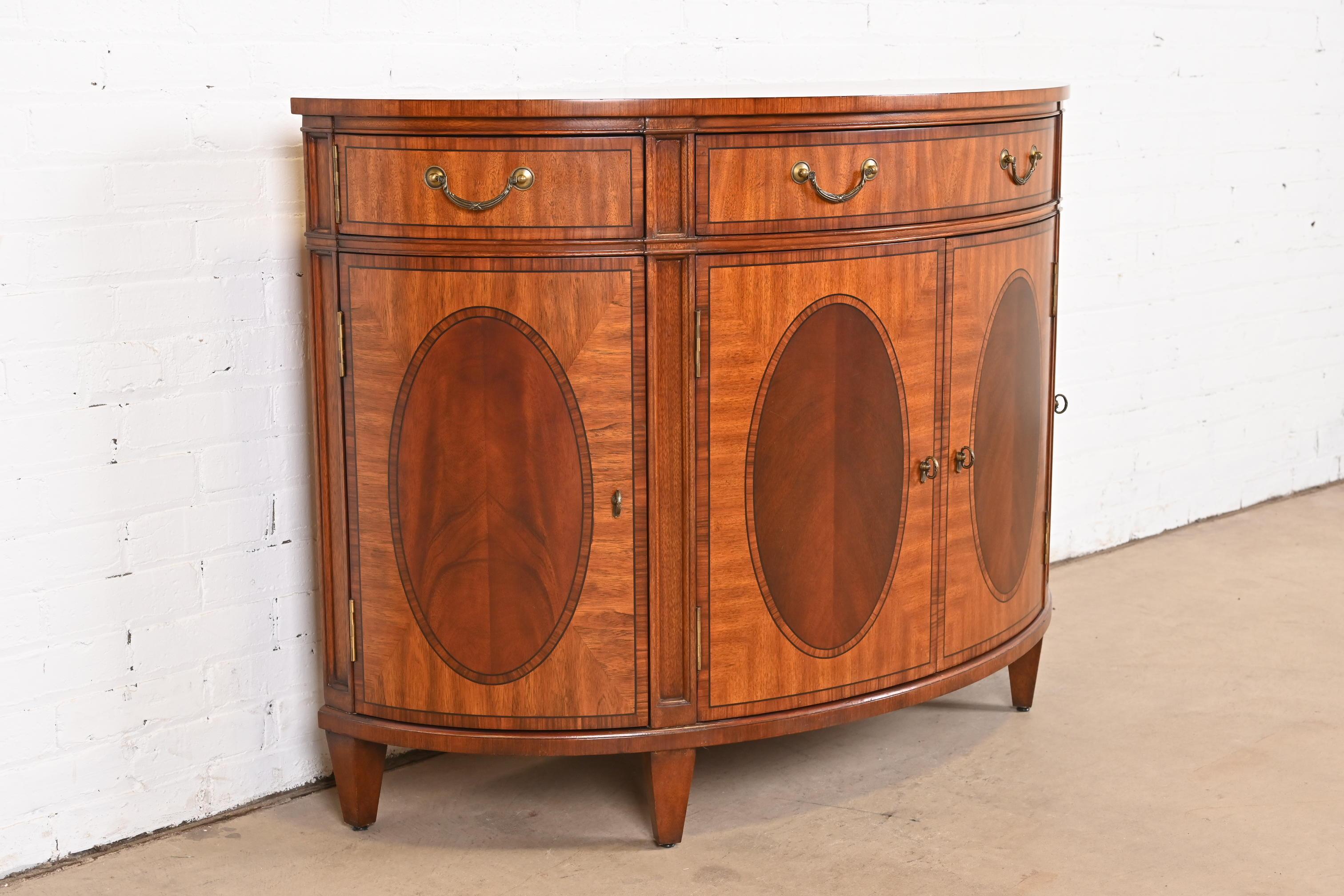 Brass Regency Inlaid Mahogany Demilune Sideboard or Bar Cabinet For Sale