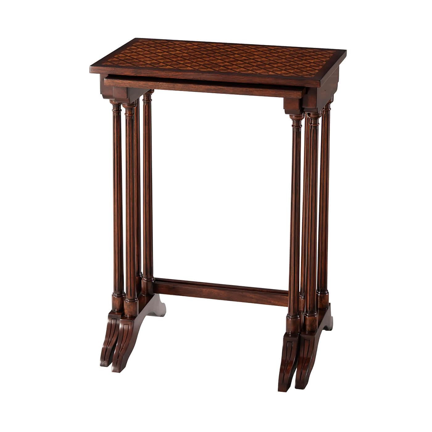 Regency inlaid nest of tables a mahogany and burl lattice parquetry nest of two tables, with turned end supports and on splay feet.

Dimensions: 19.25