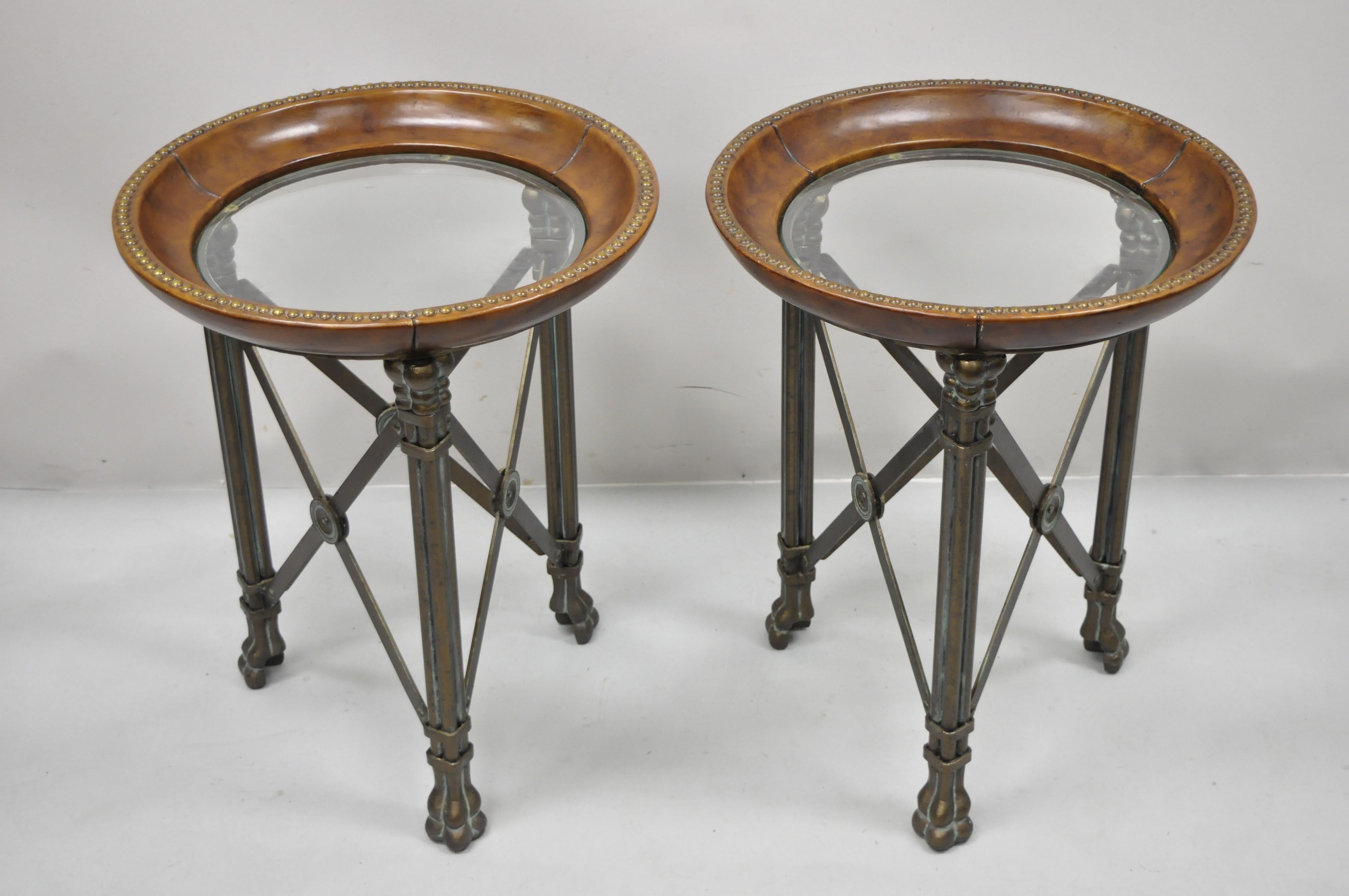Regency Iron Brown Leather Round Glass Top End Tables attr Maitland Smith, Pair 5