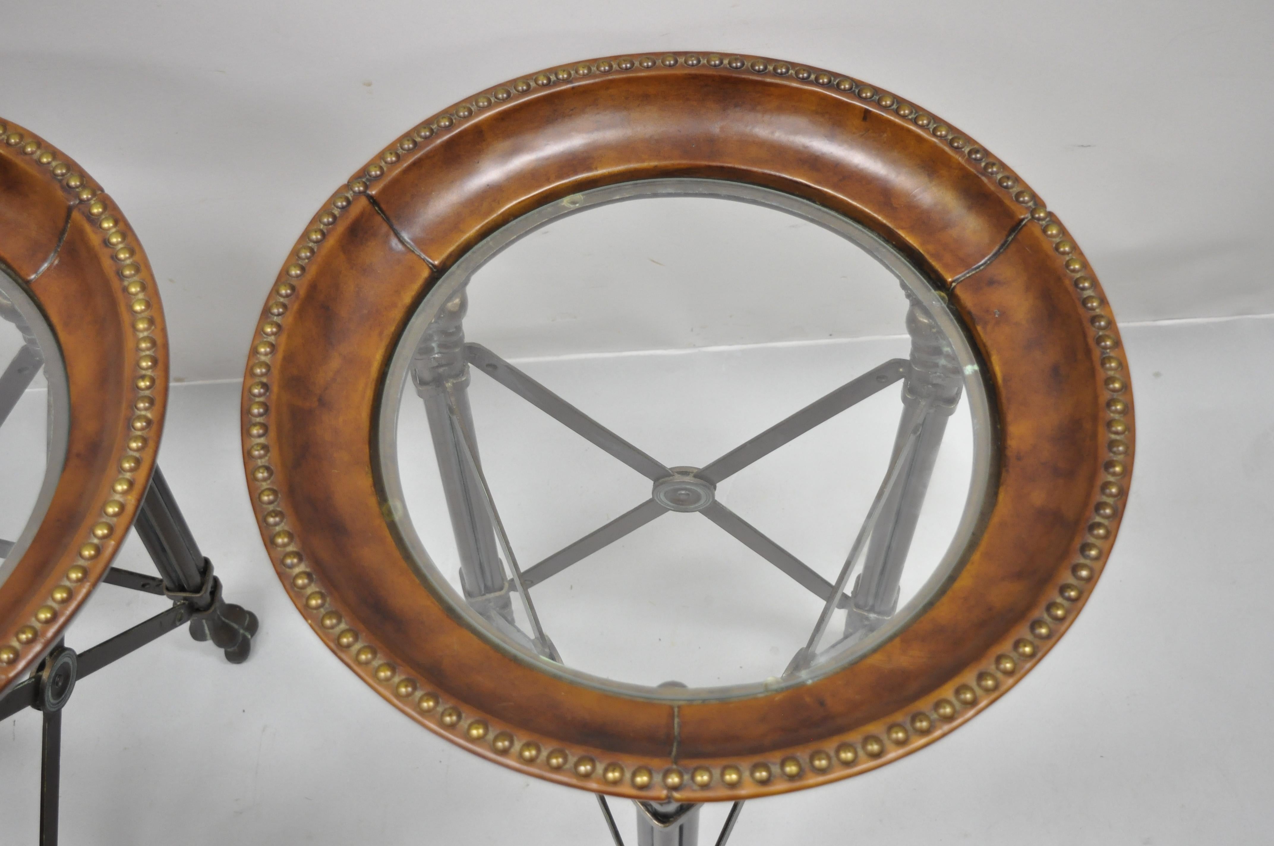 Regency Iron Brown Leather Round Glass Top End Tables attr Maitland Smith, Pair In Good Condition In Philadelphia, PA