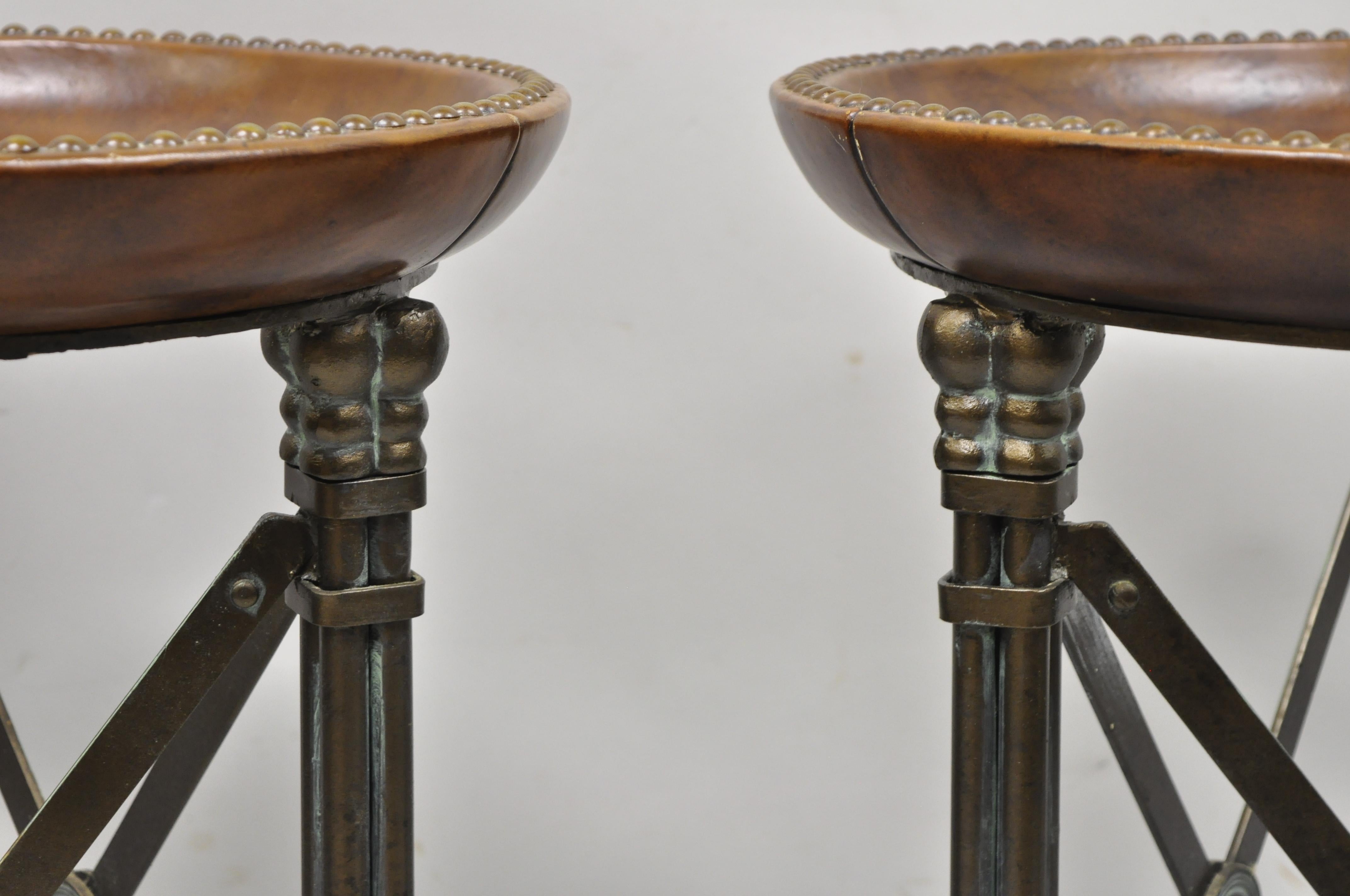 Regency Iron Brown Leather Round Glass Top End Tables attr Maitland Smith, Pair 2