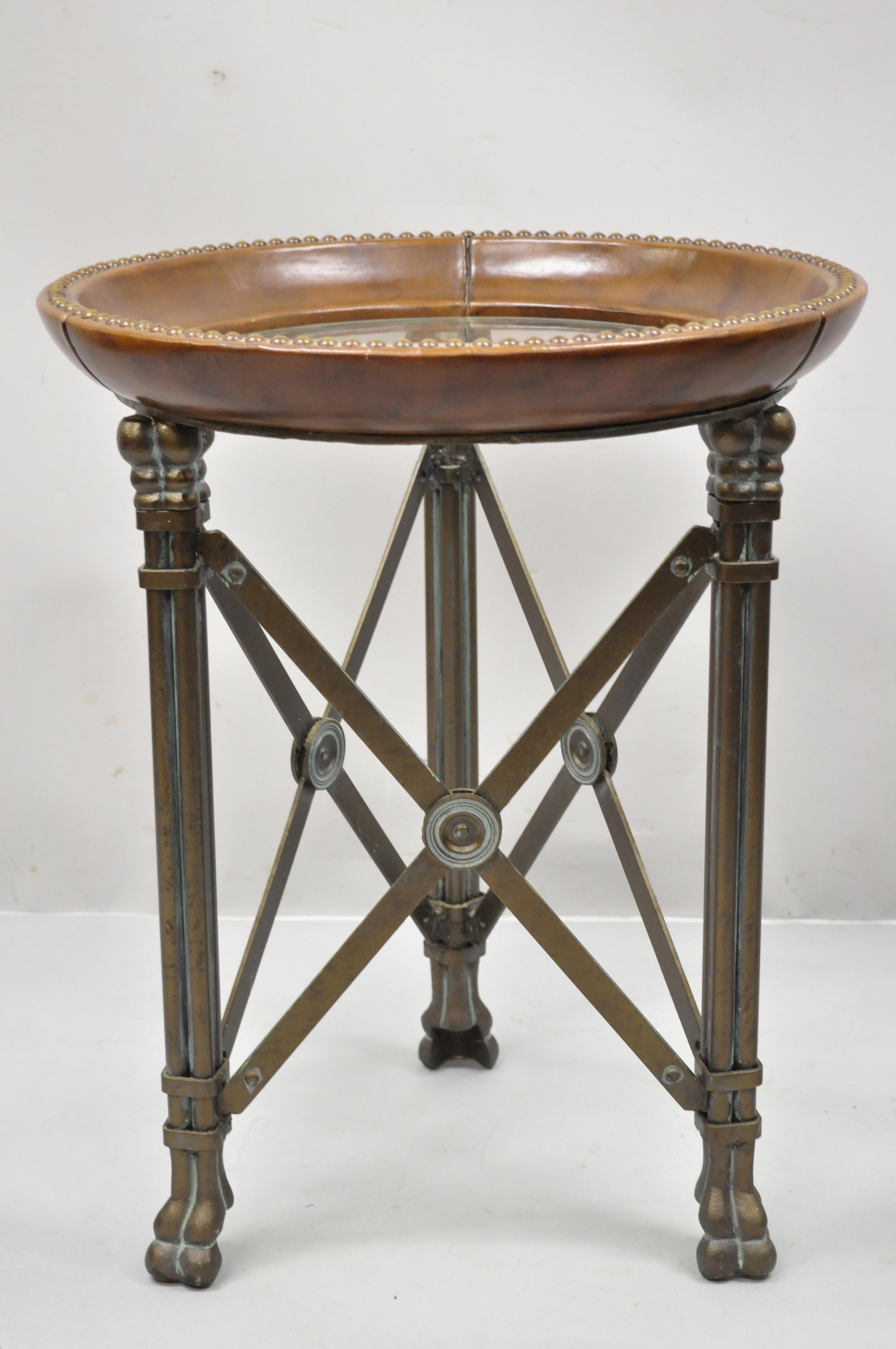 Regency Iron Brown Leather Round Glass Top End Tables attr Maitland Smith, Pair 3