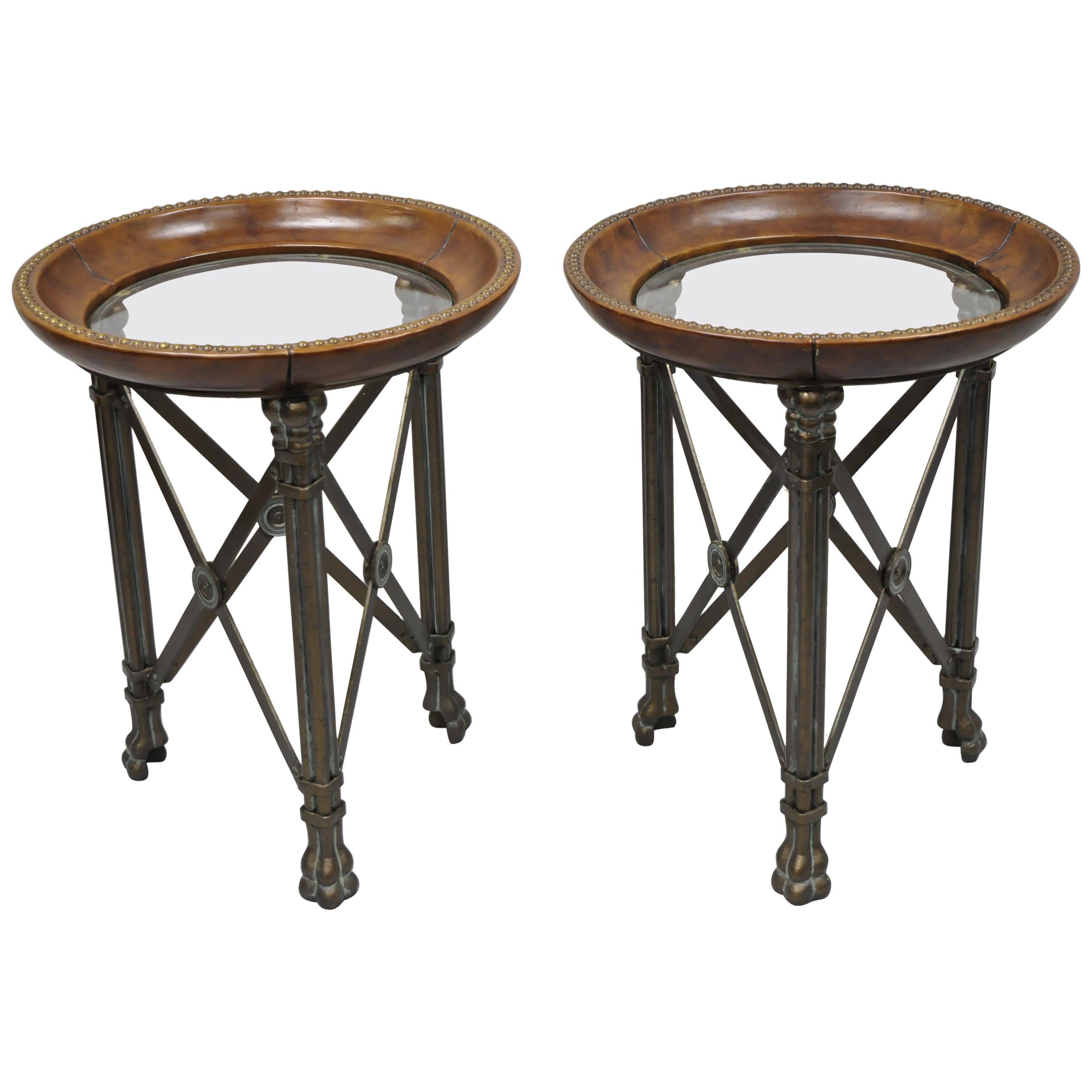 Regency Iron Brown Leather Round Glass Top End Tables attr