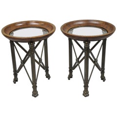 Regency Iron Brown Leather Round Glass Top End Tables attr Maitland Smith, Pair