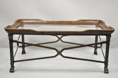 Regency Iron Leather Rectangular Glass Top Paw Feet Coffee Table Maitland Smith