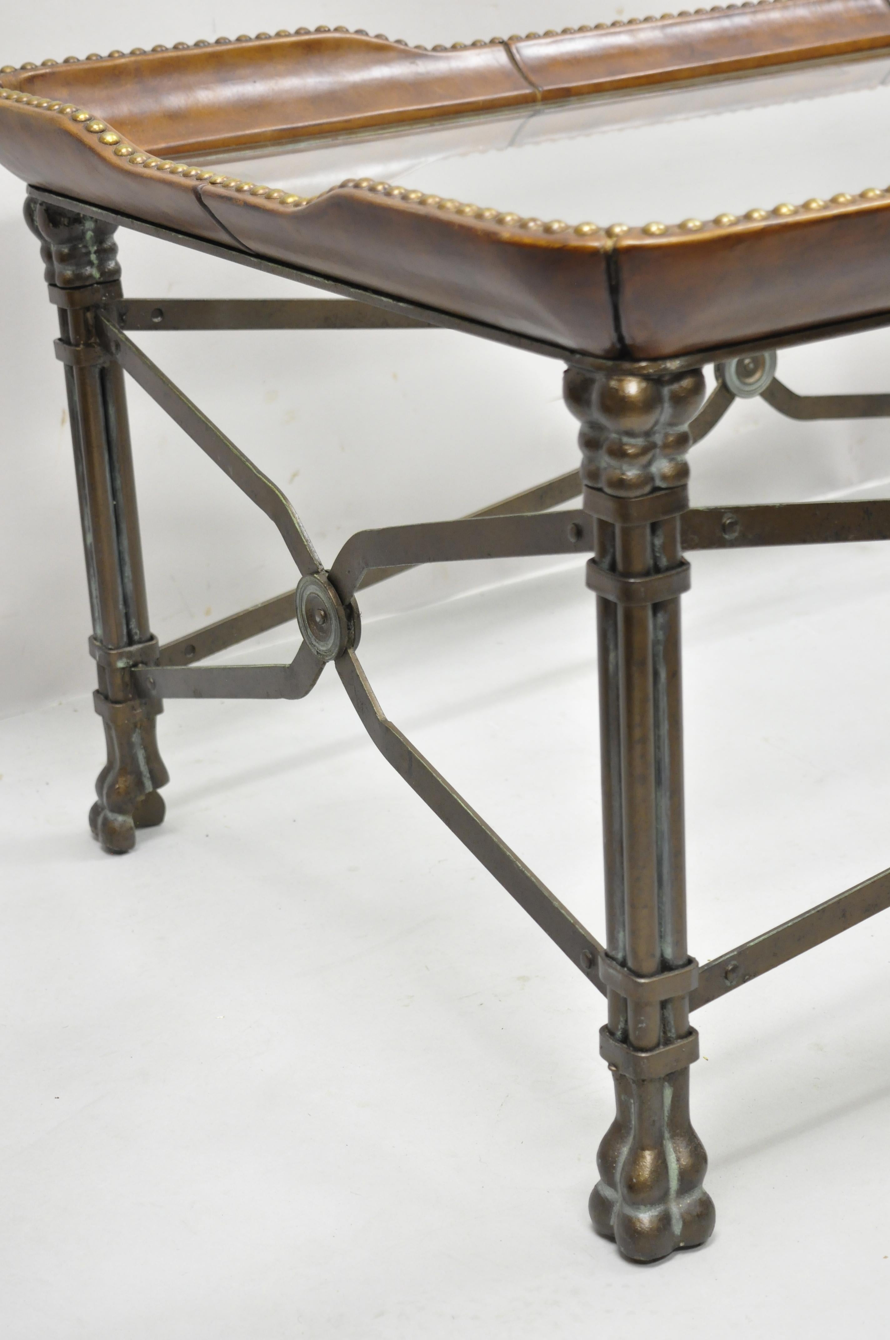 Regency Iron Leather Rectangular Glass Top Paw Feet Coffee Table Maitland Smith In Good Condition In Philadelphia, PA