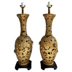 Regency James Mont Style Pierced Bronze Oversized Pair of Table Lamps