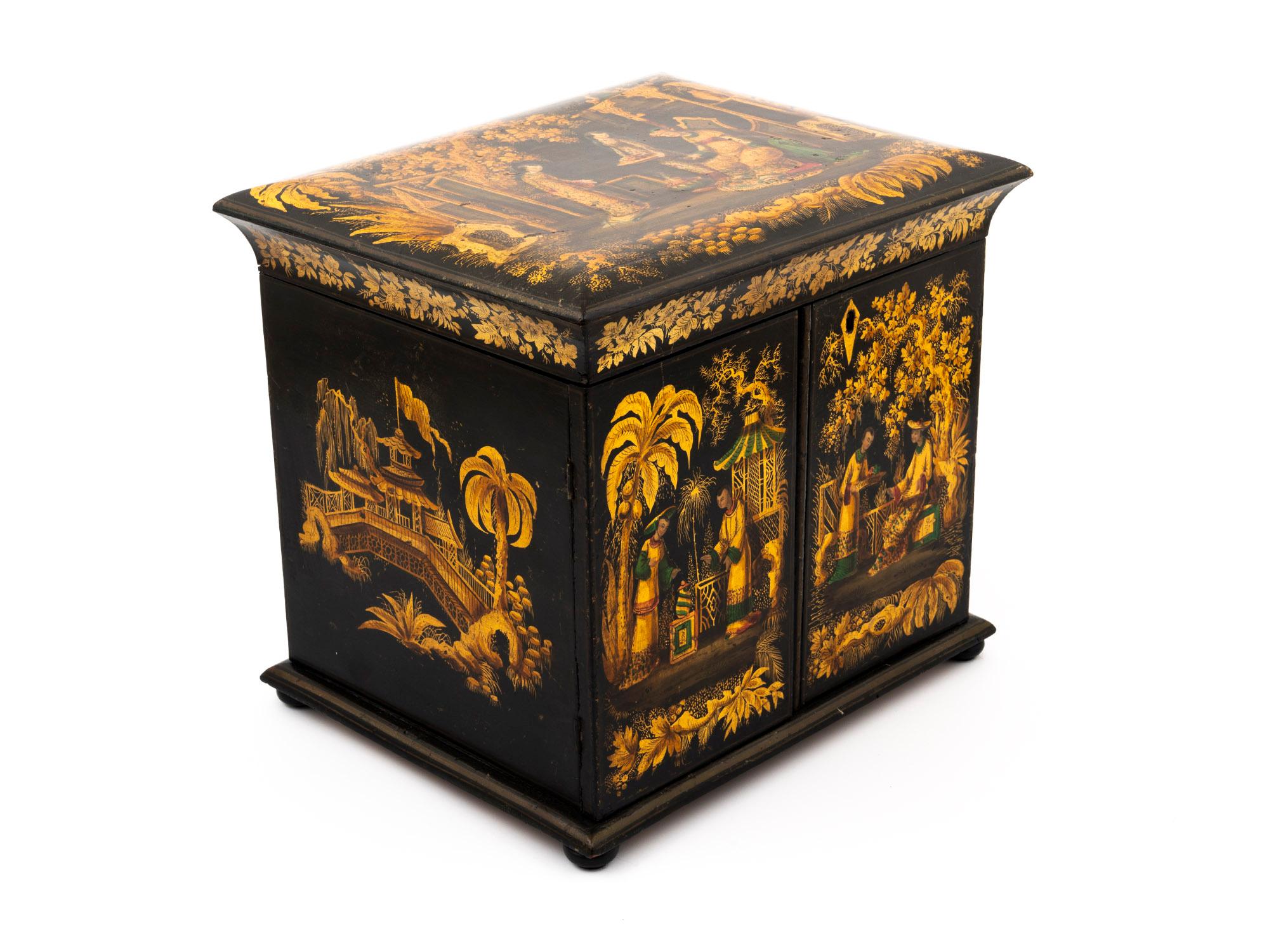 British Regency Japanned Chinoiserie Sewing Cabinet For Sale