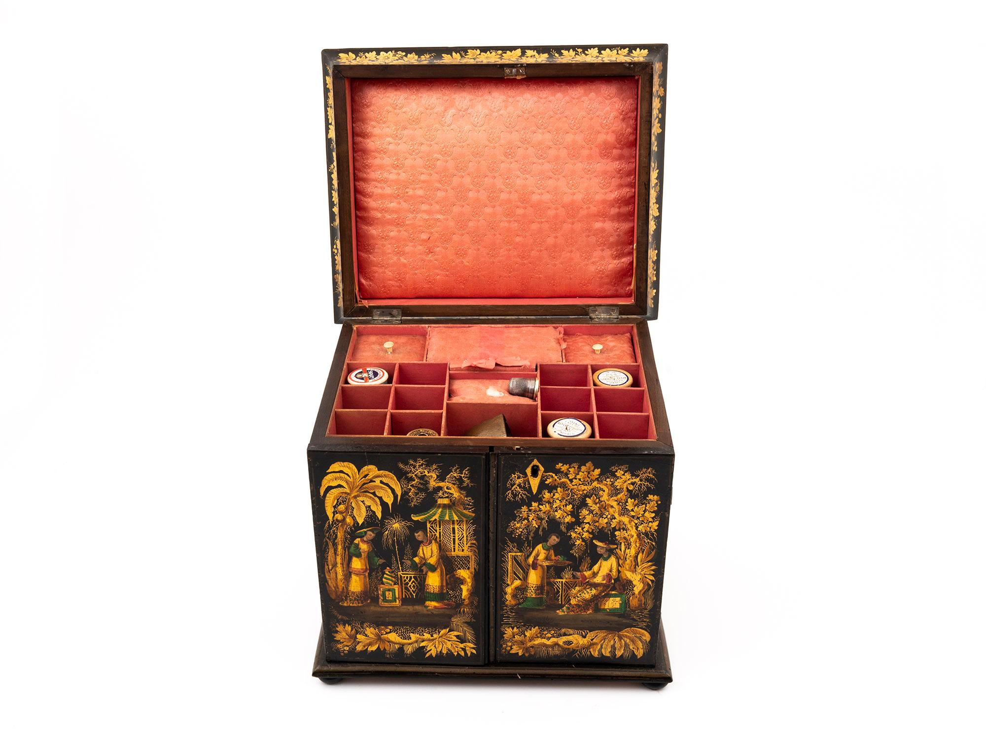 Regency Japanned Chinoiserie Sewing Cabinet For Sale 1