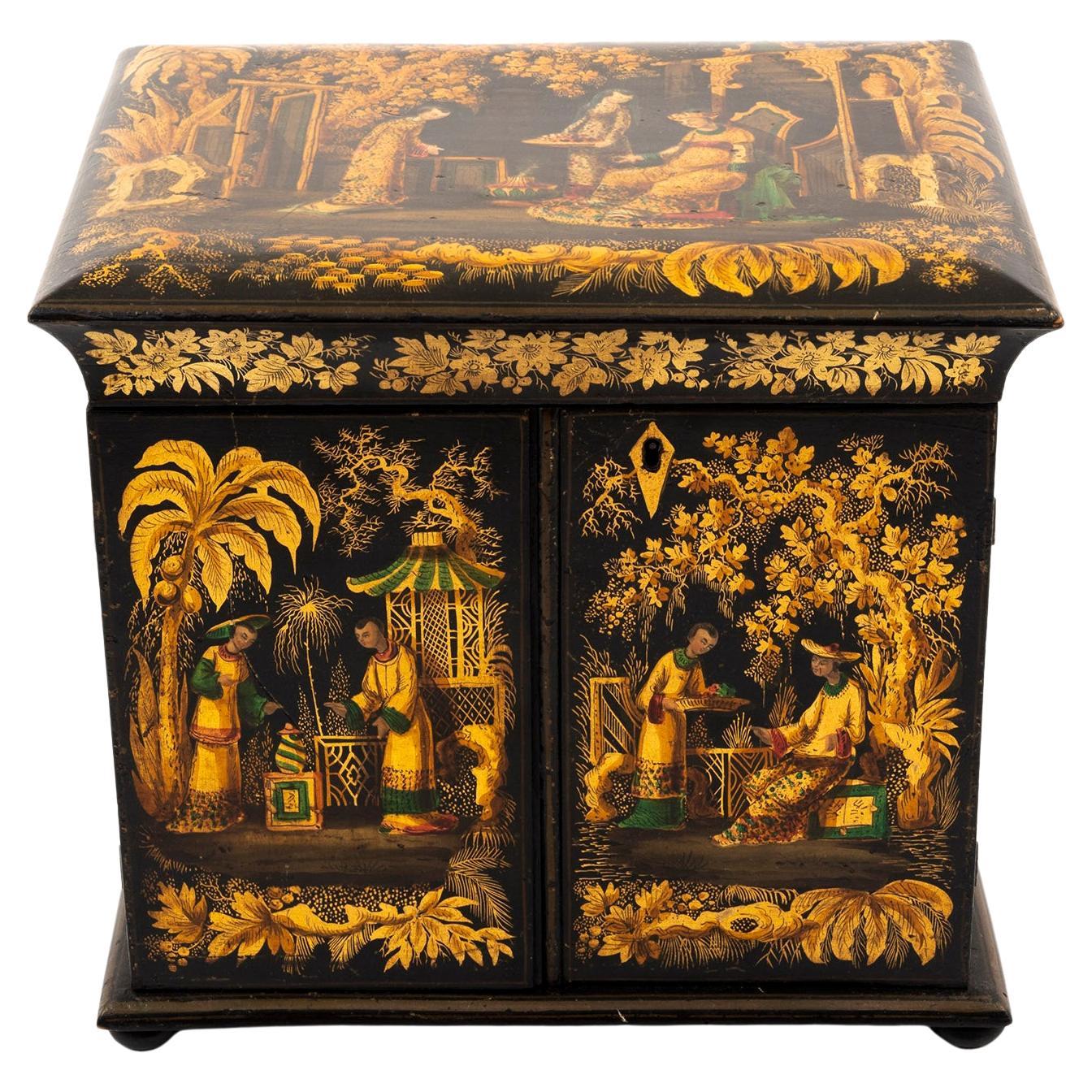 Regency Japanned Chinoiserie Sewing Cabinet For Sale