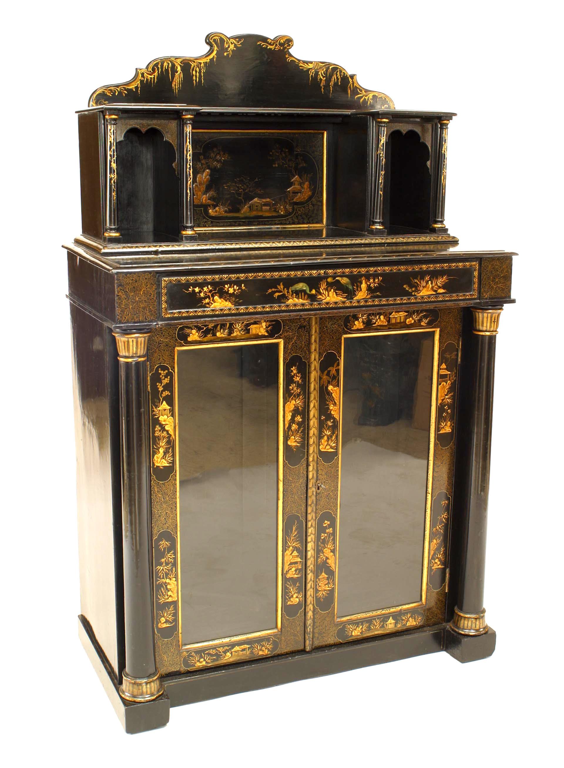 English Regency style 19th century black lacquered chinoiserie design 2-door sideboard cabinet with upper section.