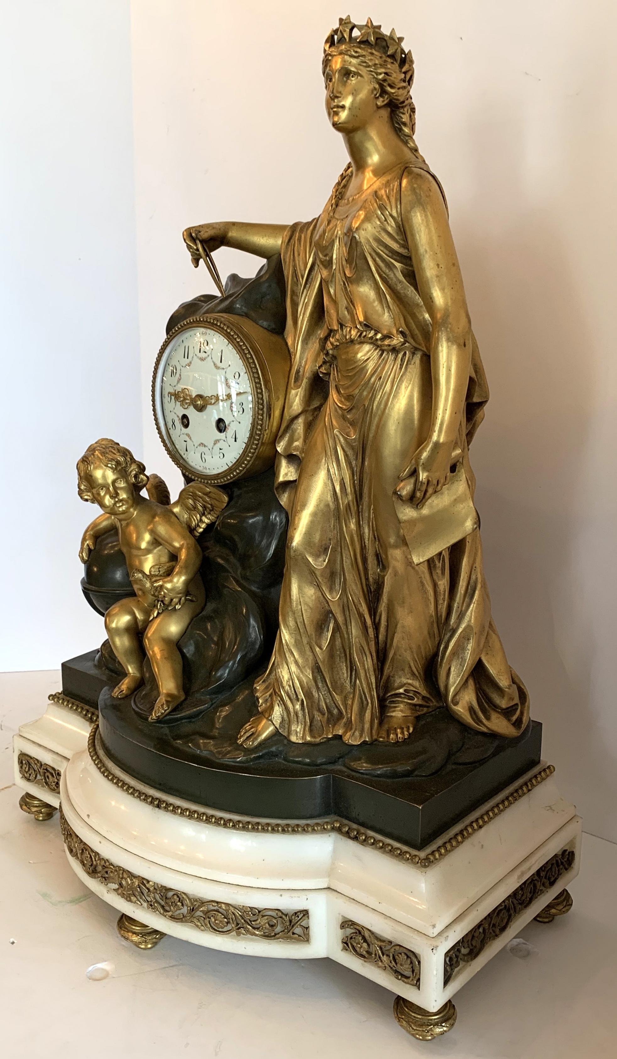 Neoclassical Regency Large Marble Dore Patinated Bronze Ormolu Clock Figural Cherub Maiden For Sale
