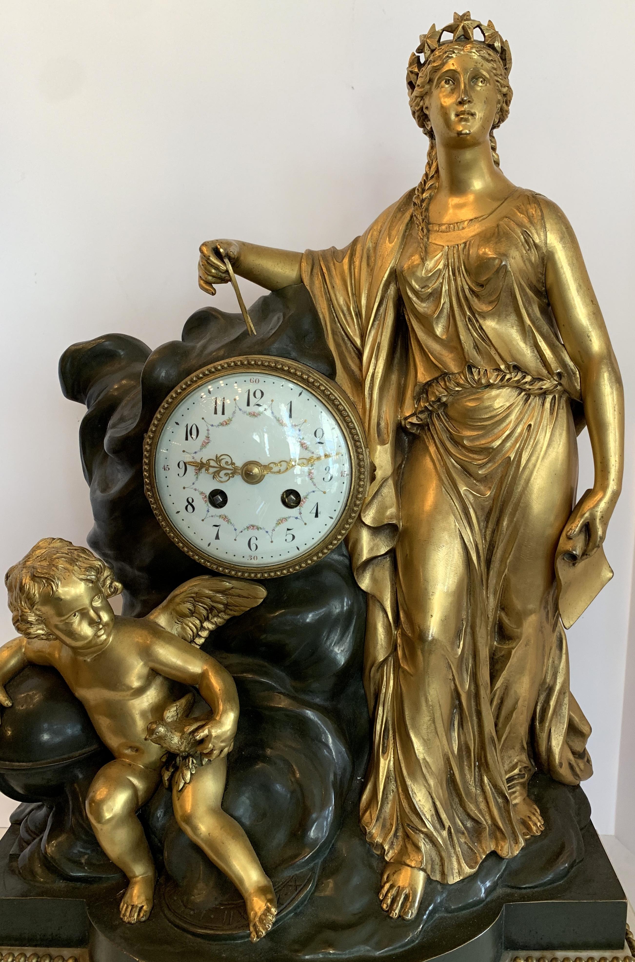 Gilt Regency Large Marble Dore Patinated Bronze Ormolu Clock Figural Cherub Maiden For Sale