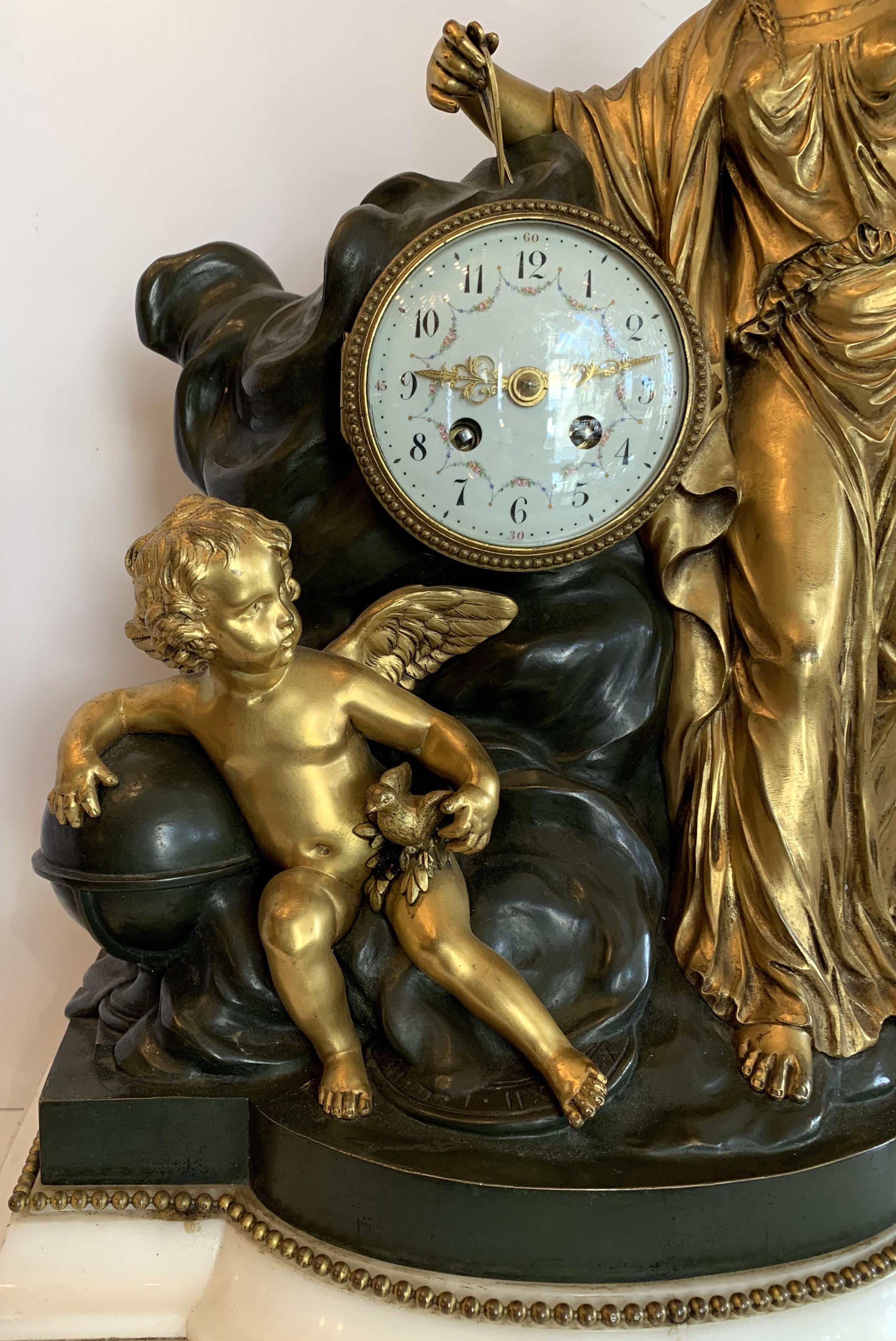 Regency Large Marble Dore Patinated Bronze Ormolu Clock Figural Cherub Maiden In Good Condition For Sale In Roslyn, NY