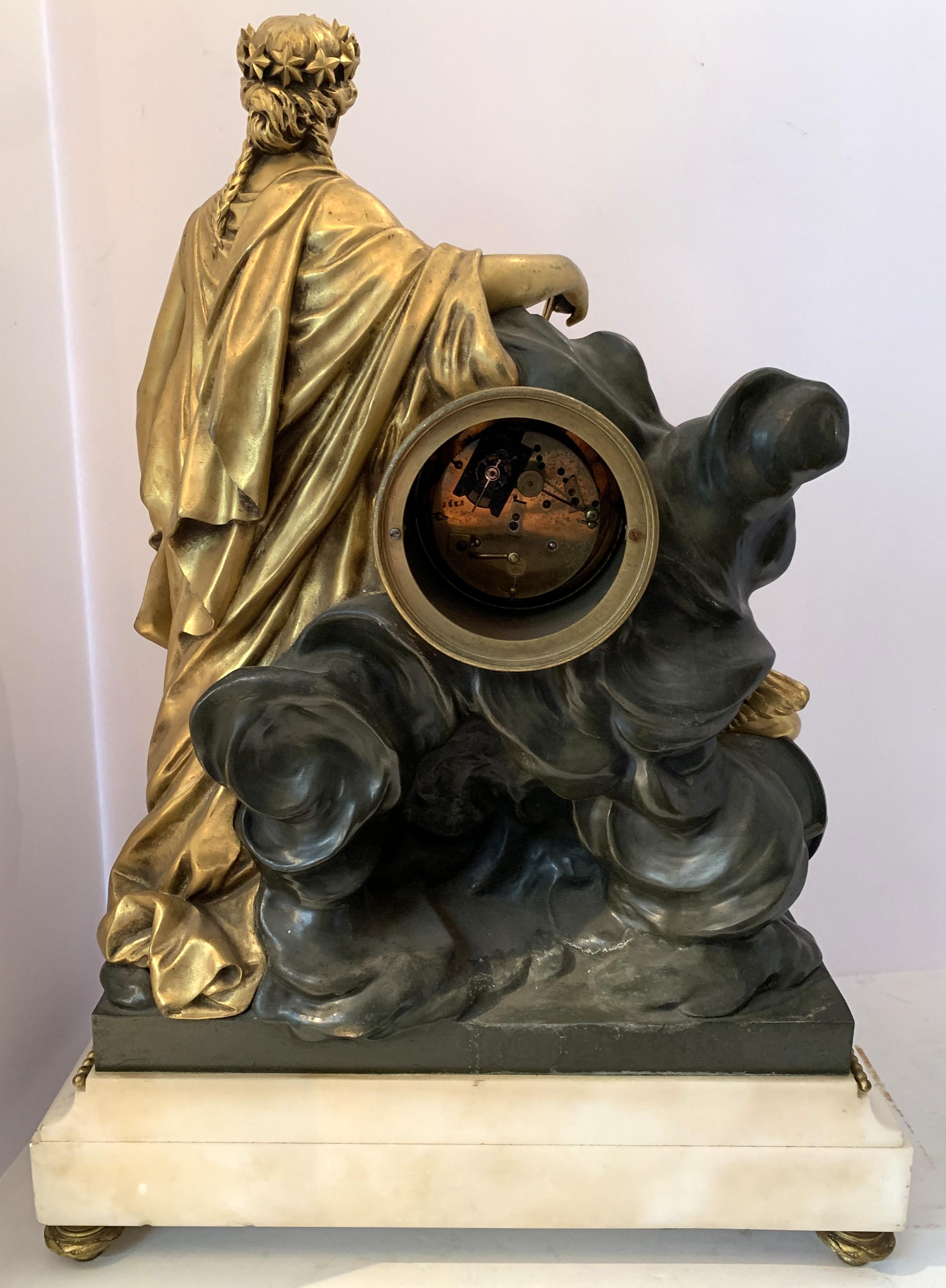 19th Century Regency Large Marble Dore Patinated Bronze Ormolu Clock Figural Cherub Maiden For Sale