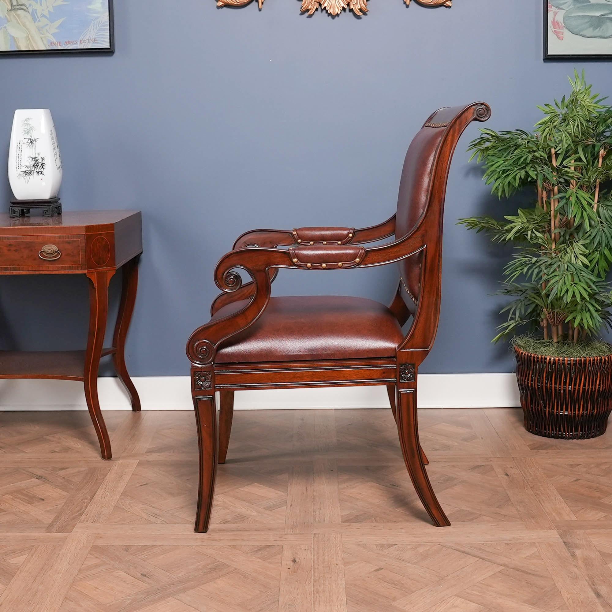 Contemporary Regency Leather Arm Chair For Sale