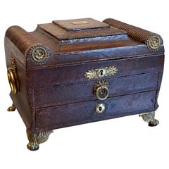 Antique Regency Leather Bound Writing Slope Sewing Jewellery Box Engraved "K" 1818