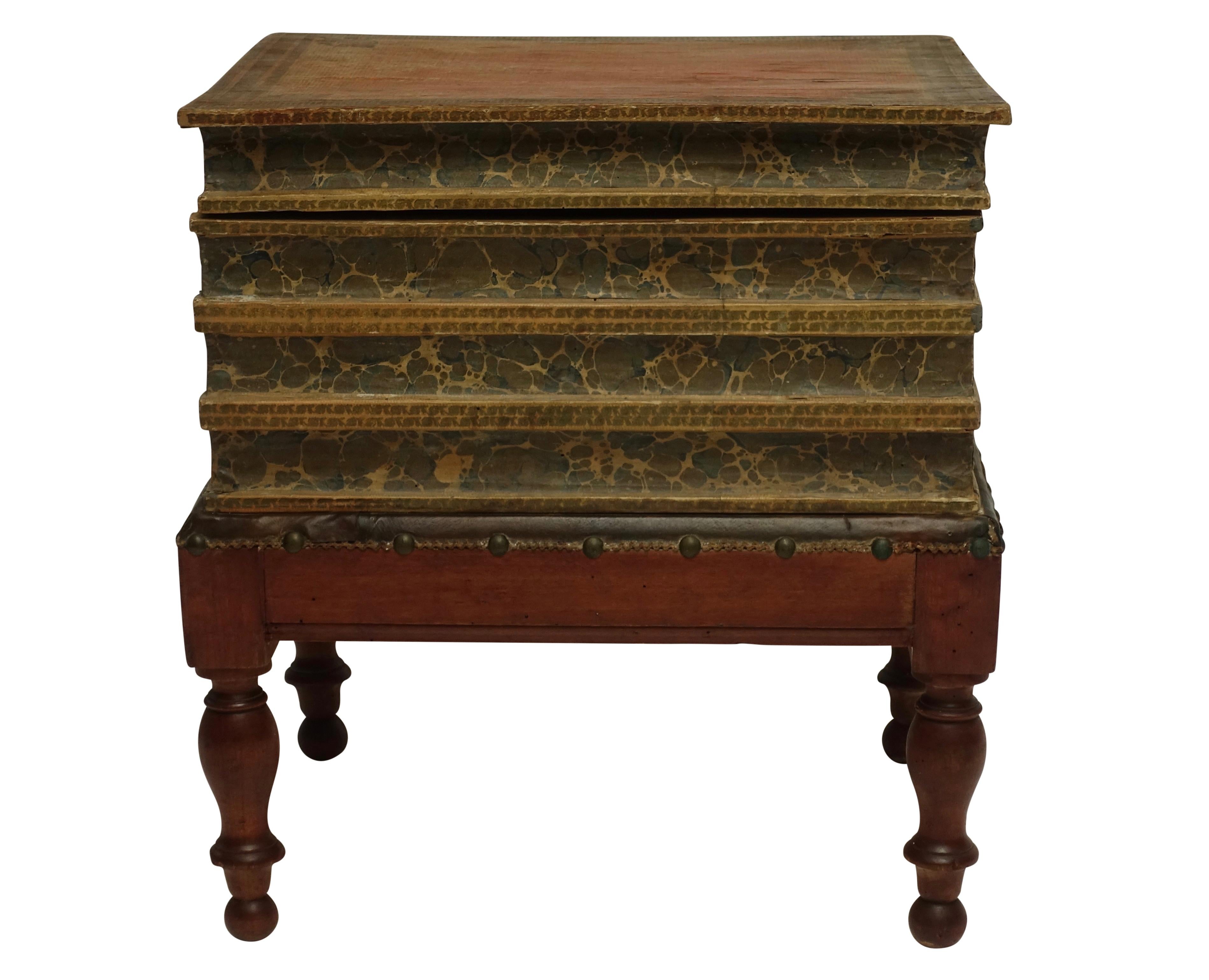 Regency Leather Faux Book Box on Painted Stand or End Table, English, circa 1830 For Sale 1