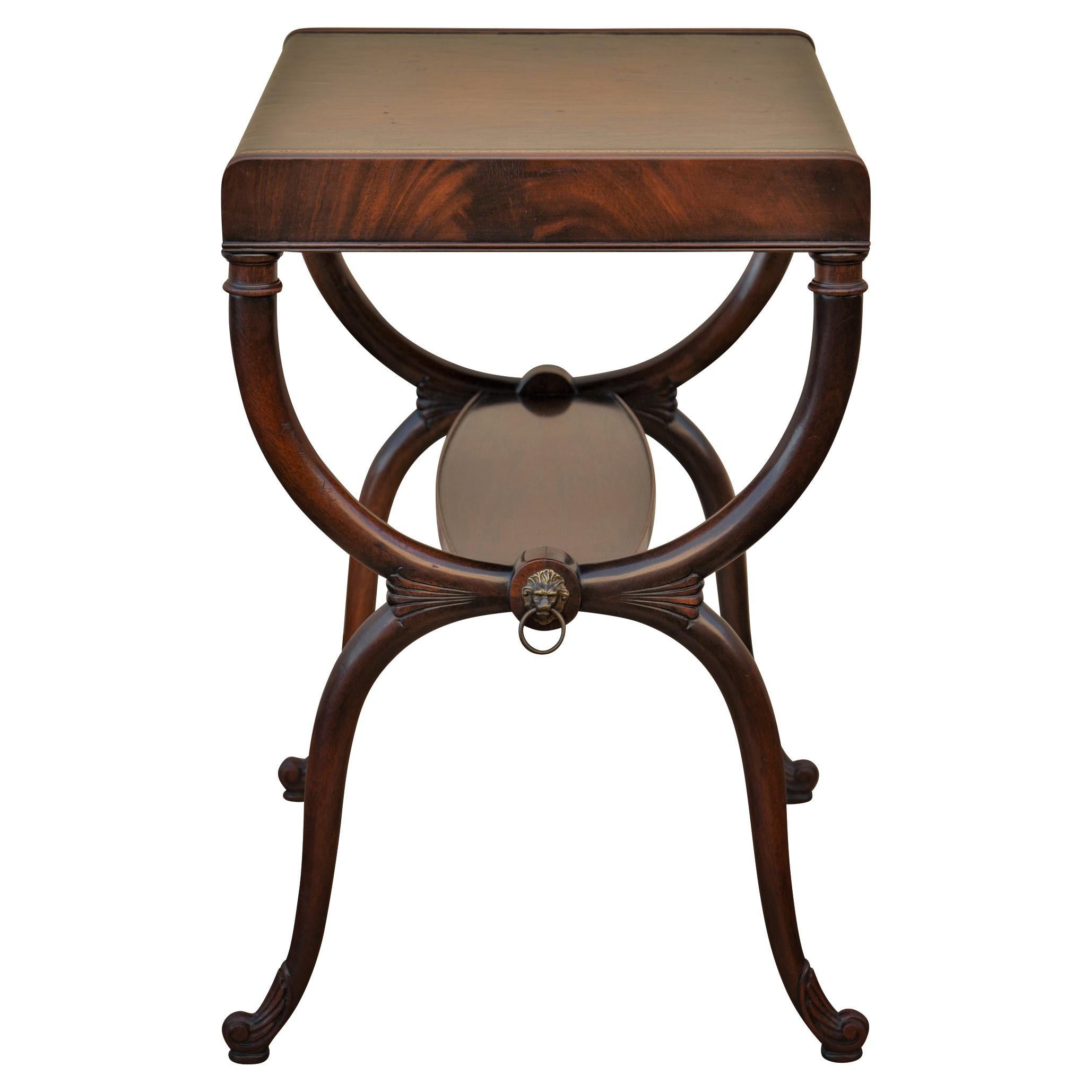 American Regency Leather Top Mahogany Side Table with Curule Legs