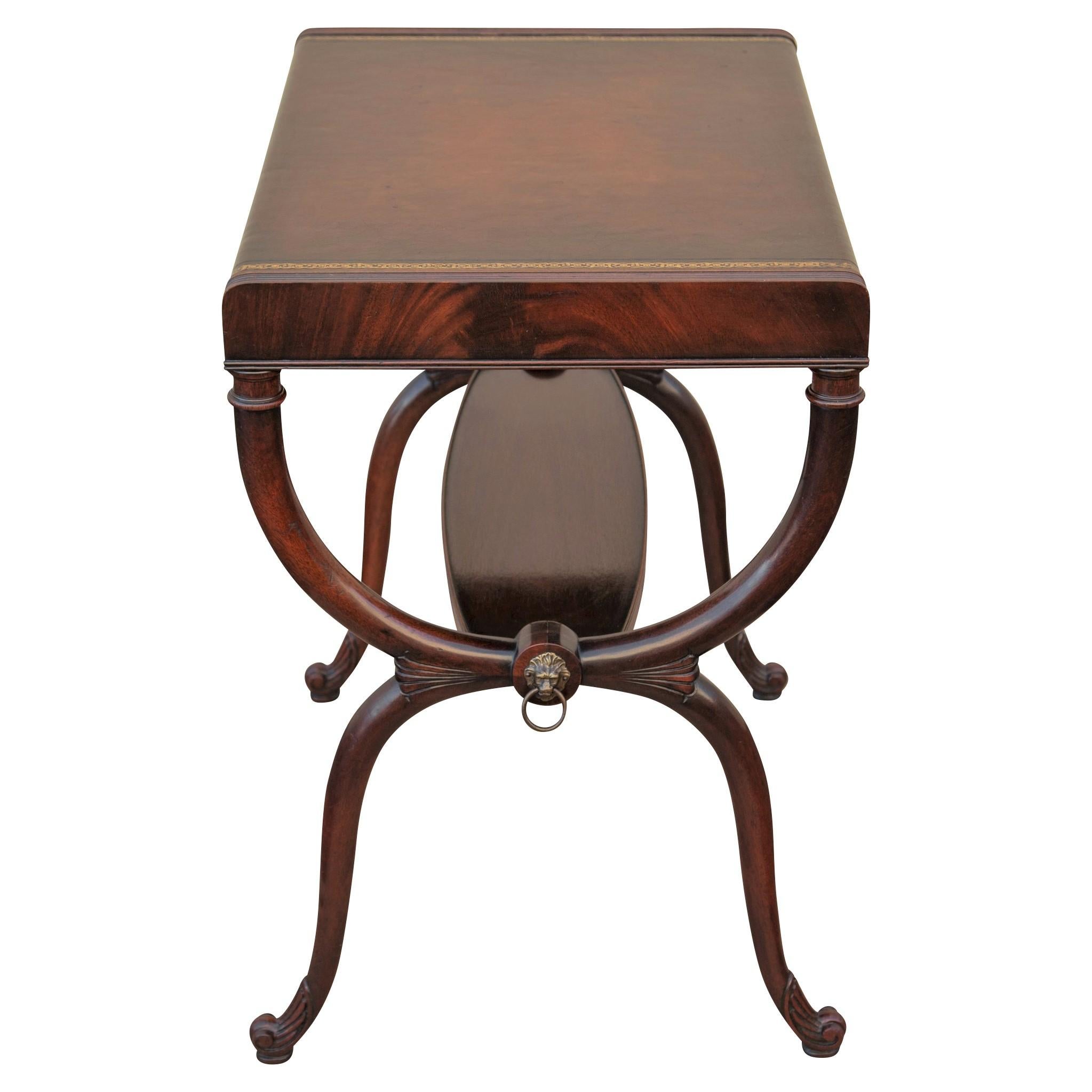 Carved Regency Leather Top Mahogany Side Table with Curule Legs