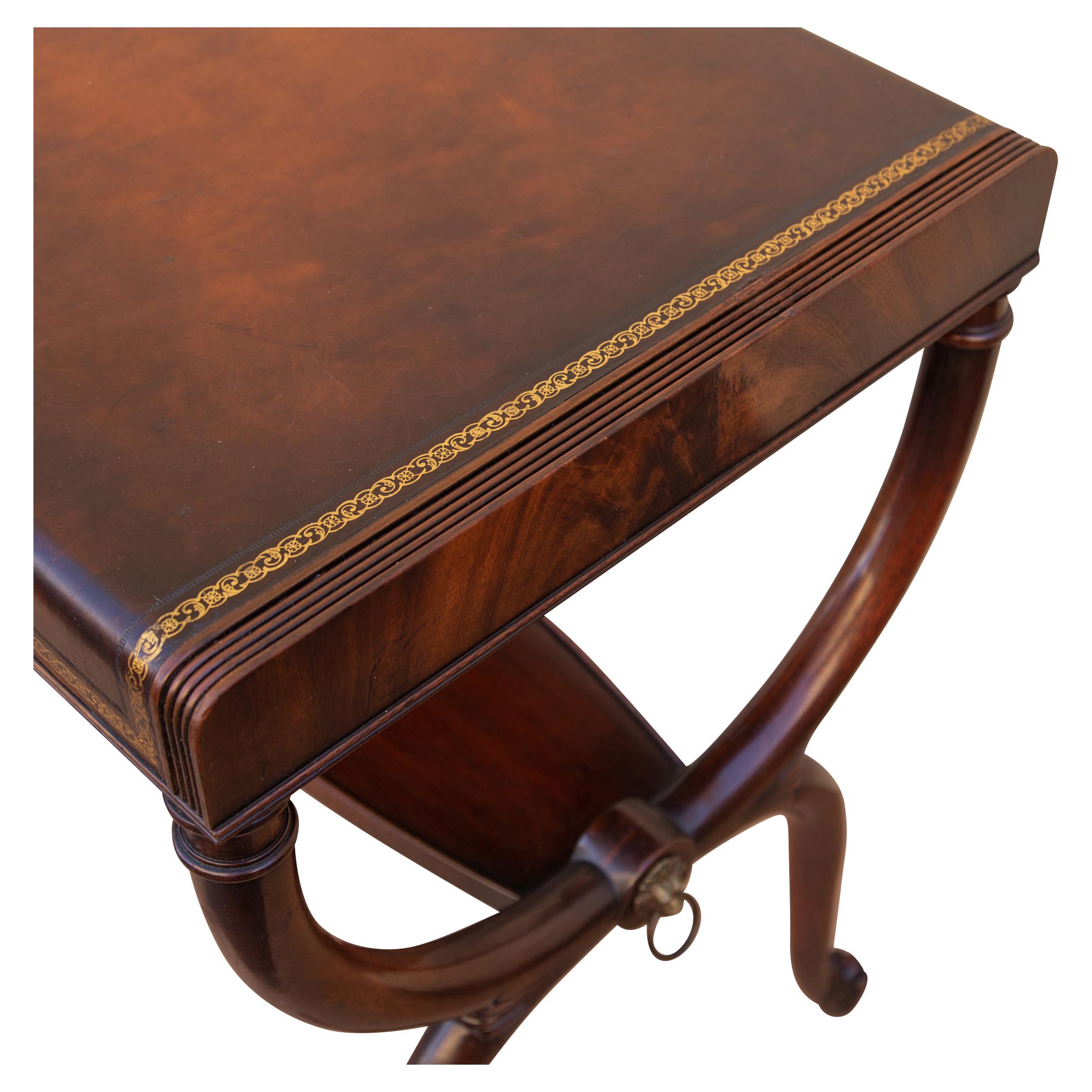 20th Century Regency Leather Top Mahogany Side Table with Curule Legs
