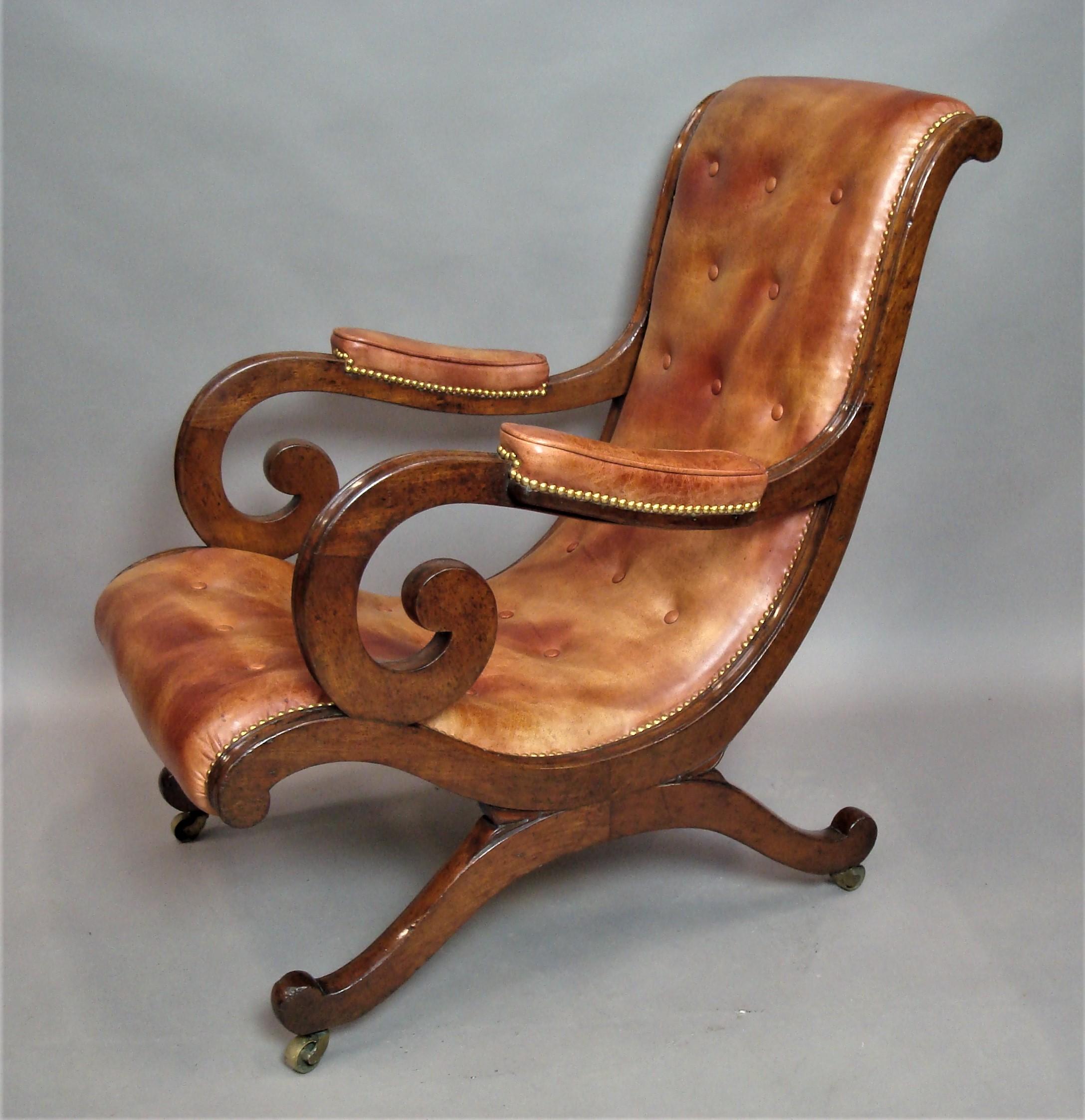 Polished Regency Mahogany and Leather Library Chair For Sale